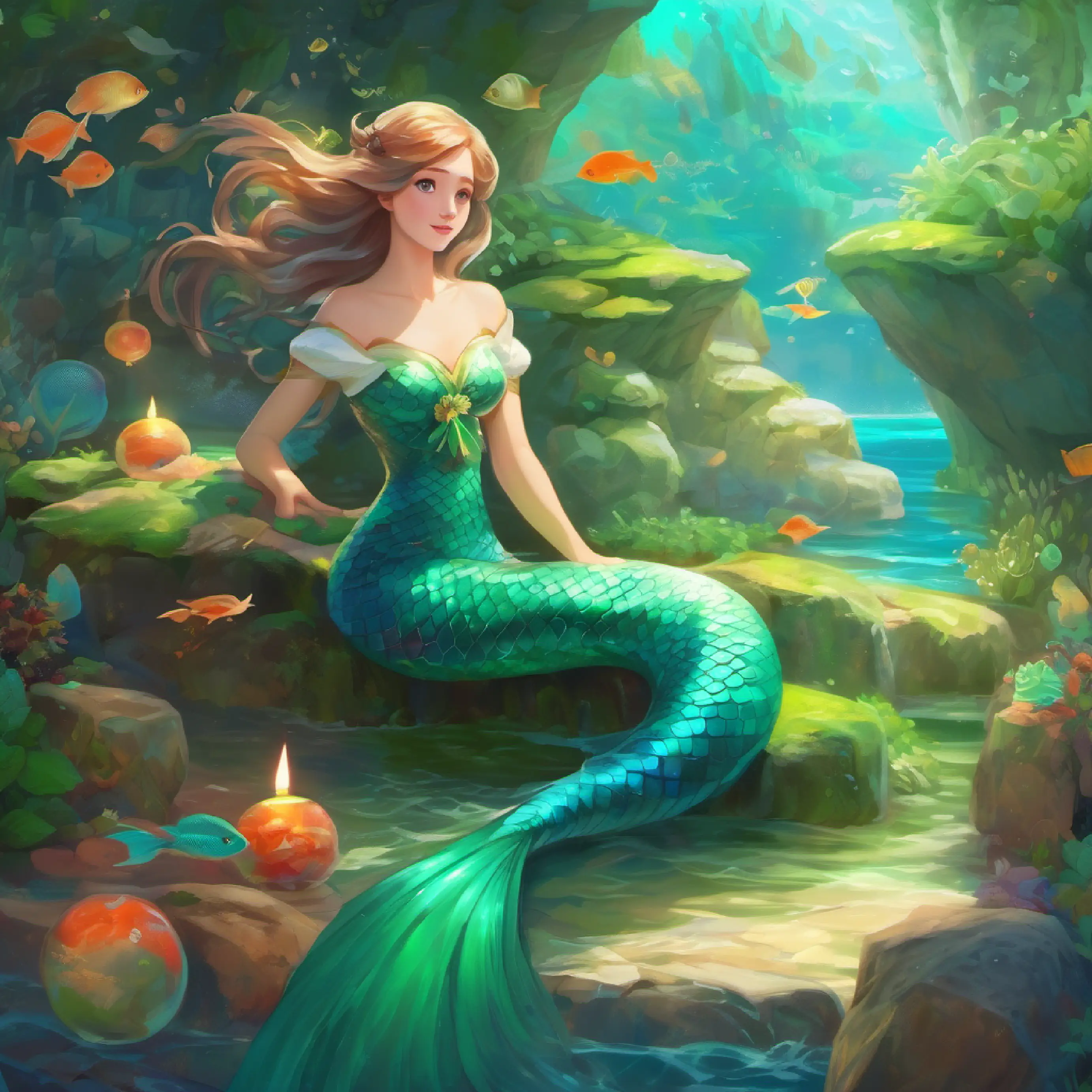 Mermaid with green-tinted skin, bright blue eyes, healer's tail seen, villagers draw conclusions, exposure nears