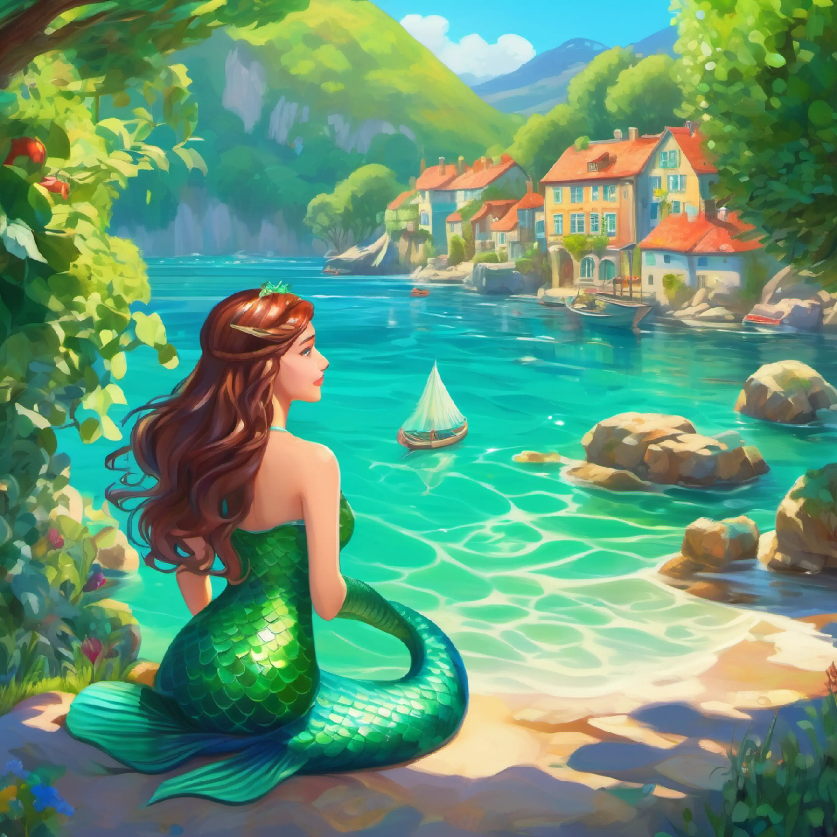 Mermaid with green-tinted skin, bright blue eyes, healer in her apothecary, sunny day, peaceful village
