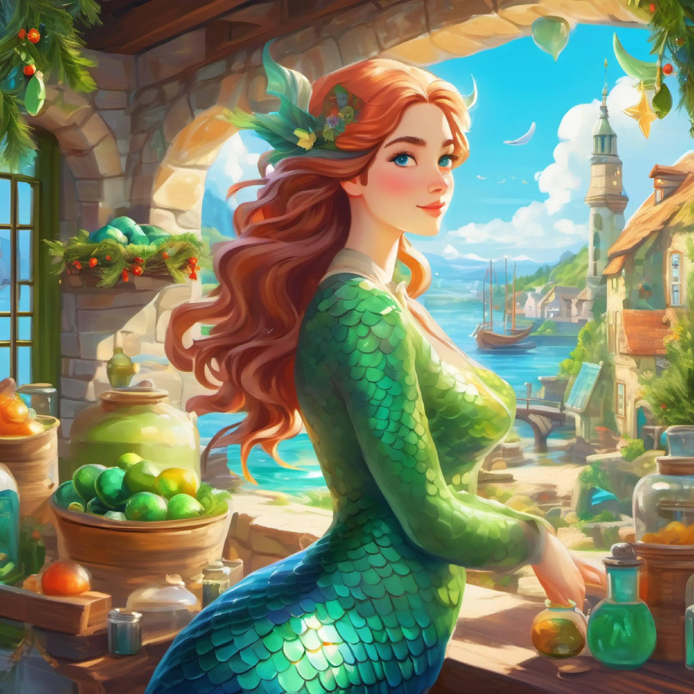 Mermaid with green-tinted skin, bright blue eyes, healer in her apothecary, sunny day, peaceful village