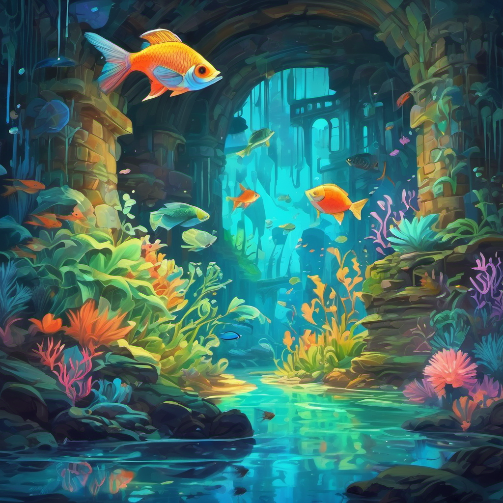 Fish meets Colorful and unique creatures with mesmerizing patterns. and bioluminescent plants in ruins