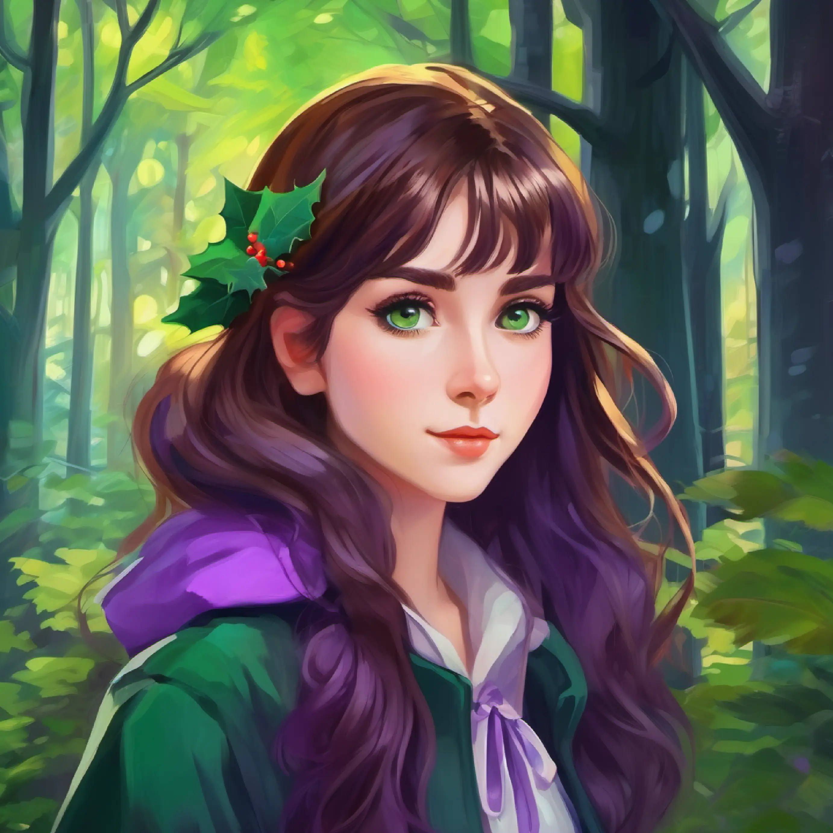 Introduction to Gothic girl, long brown hair with purple ends, fair skin, green eyes in her hometown and favorite forest setting.