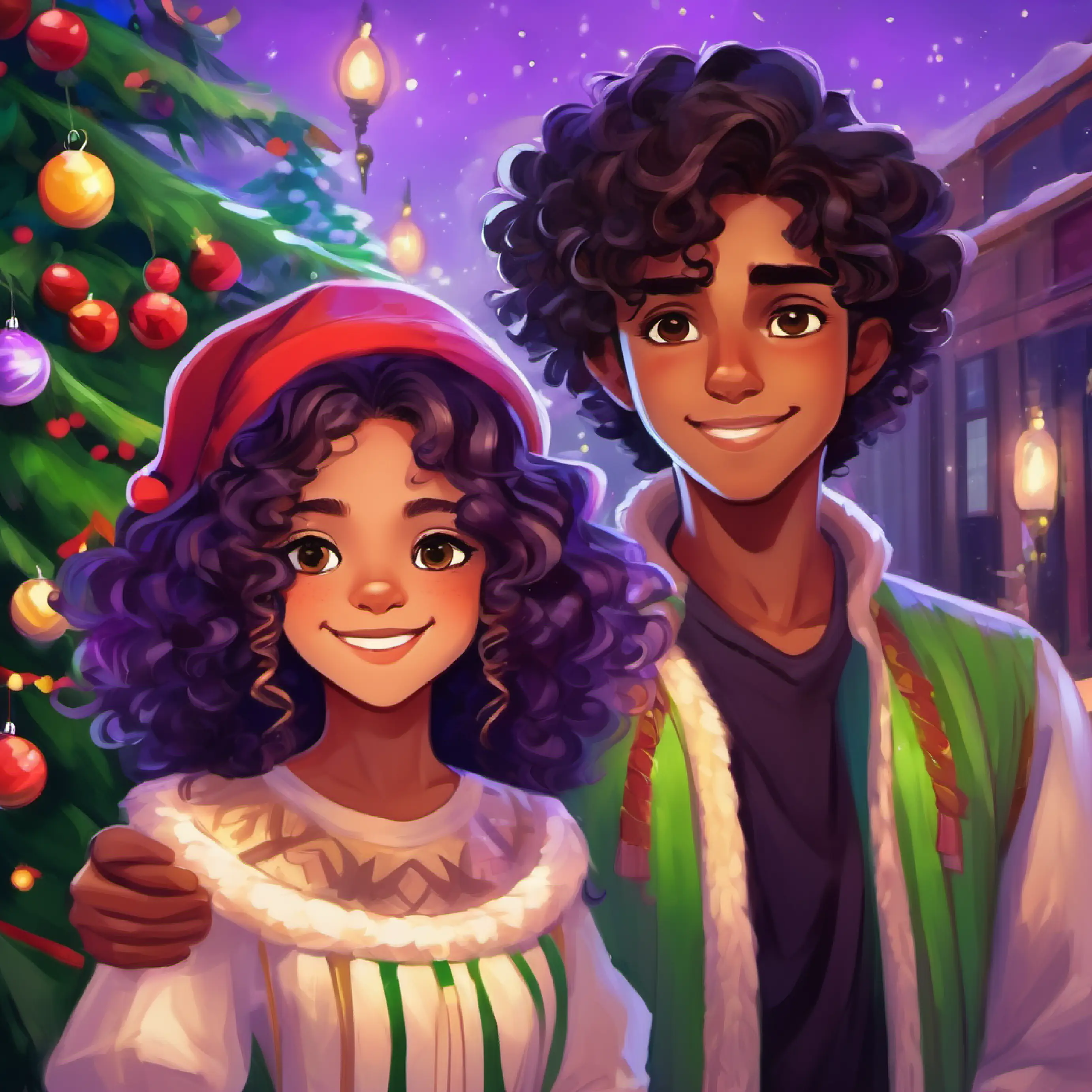 Introducing Cheerful boy, black curly hair, brown skin, warm brown eyes, highlighting his interests and friendship with Gothic girl, long brown hair with purple ends, fair skin, green eyes.