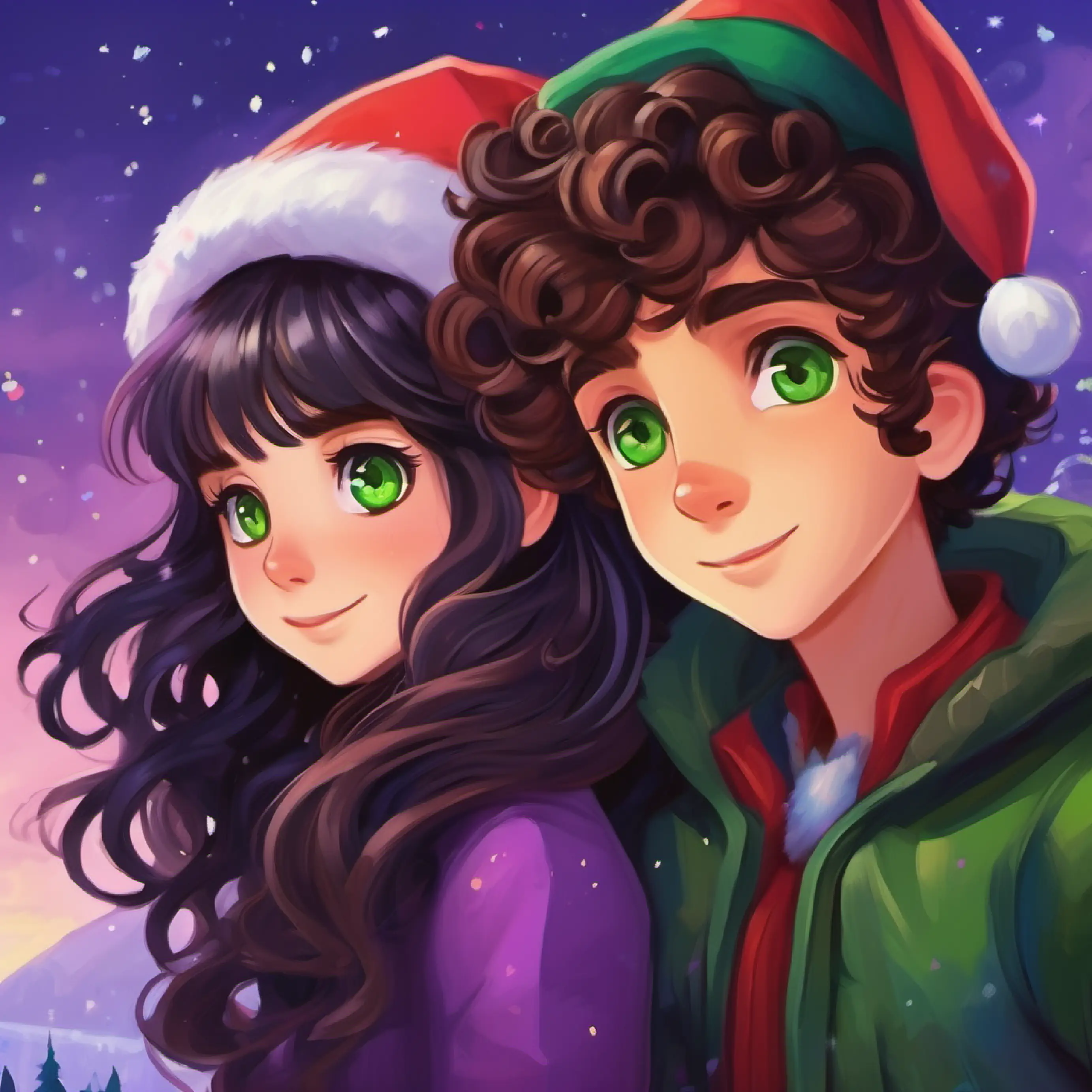 Gothic girl, long brown hair with purple ends, fair skin, green eyes and Cheerful boy, black curly hair, brown skin, warm brown eyes return, carrying a new perspective of their role in nature.