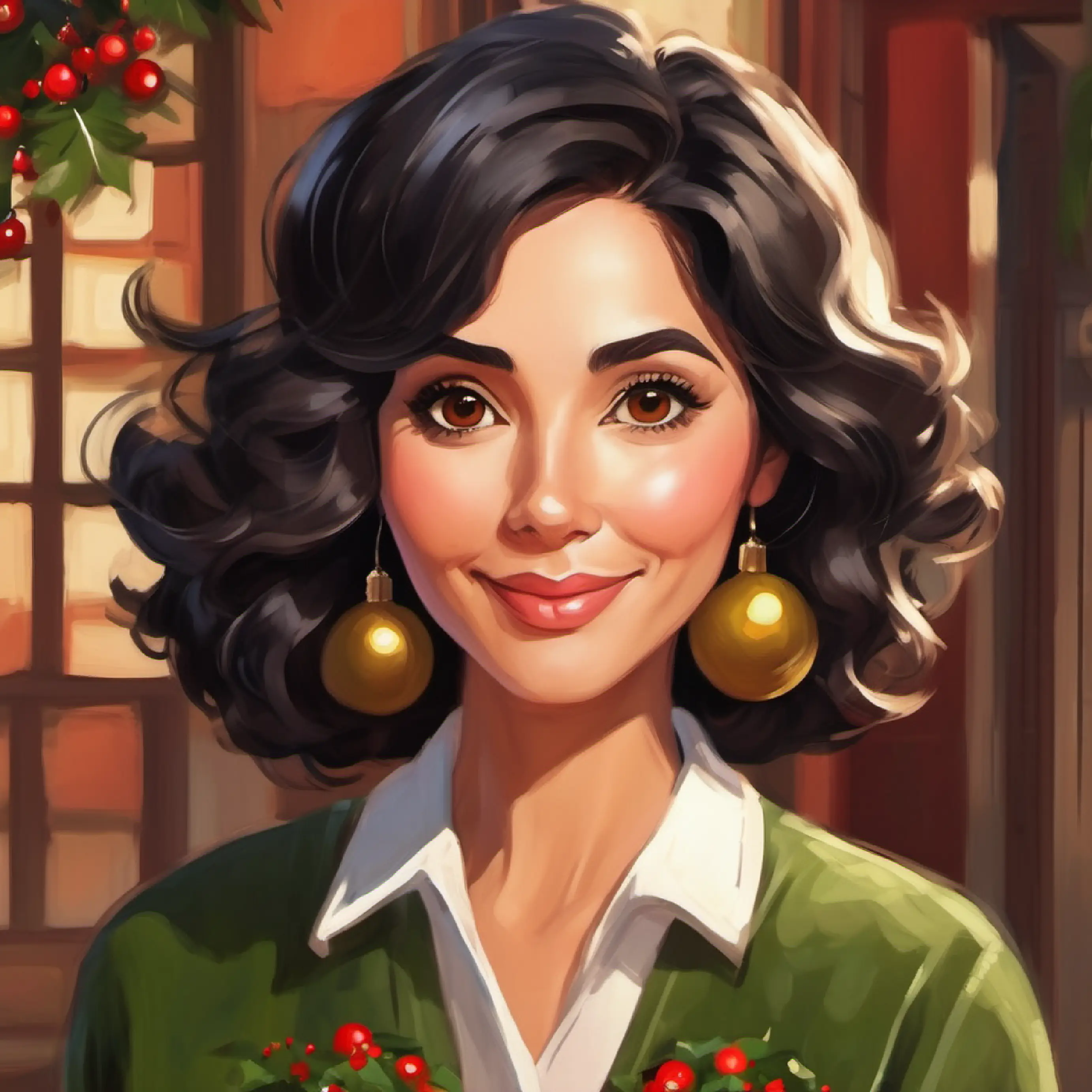 Introducing Middle-aged, black wavy hair, olive skin, deep brown eyes and her role in town.