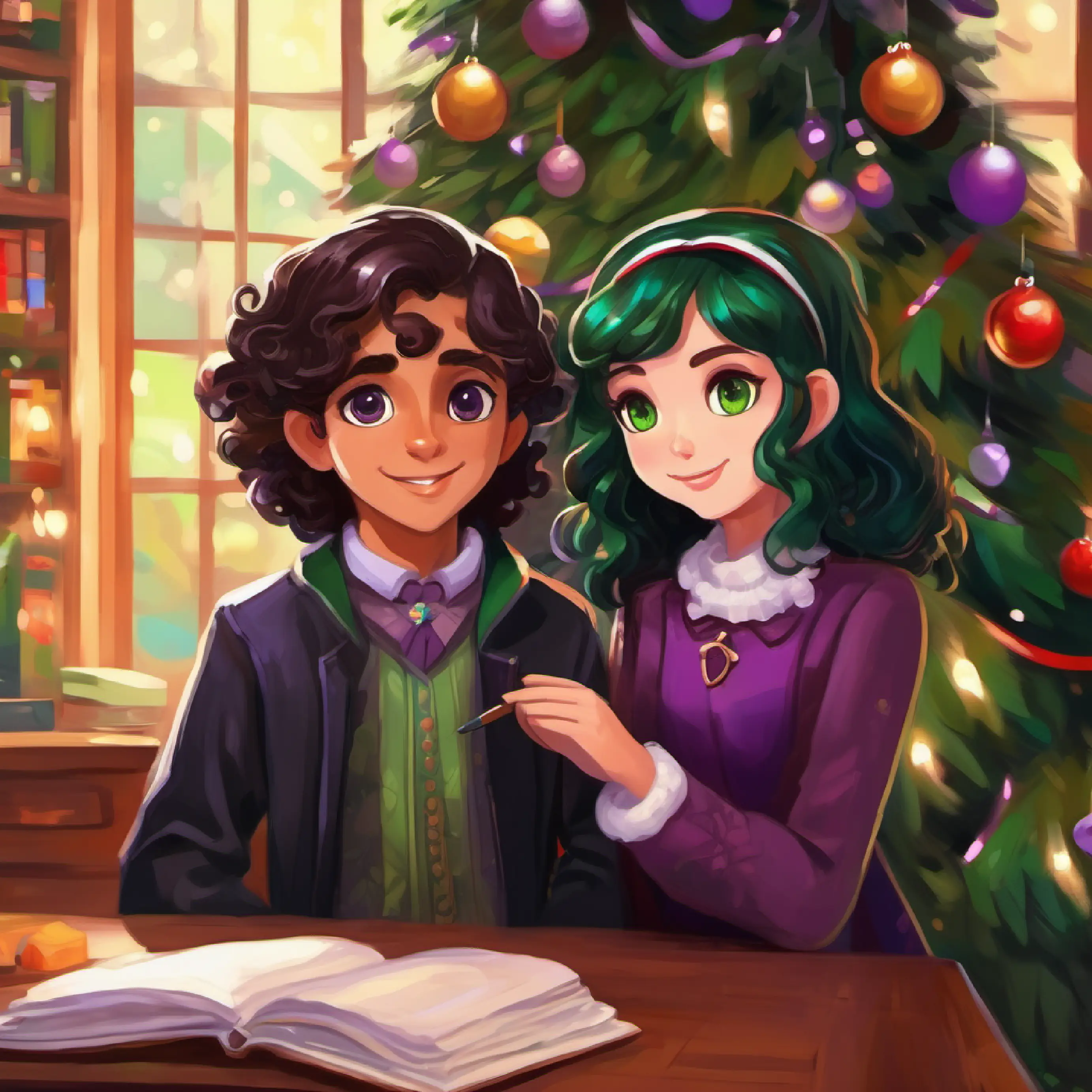 Gothic girl, long brown hair with purple ends, fair skin, green eyes and Cheerful boy, black curly hair, brown skin, warm brown eyes decide to explore and lay out their plan.