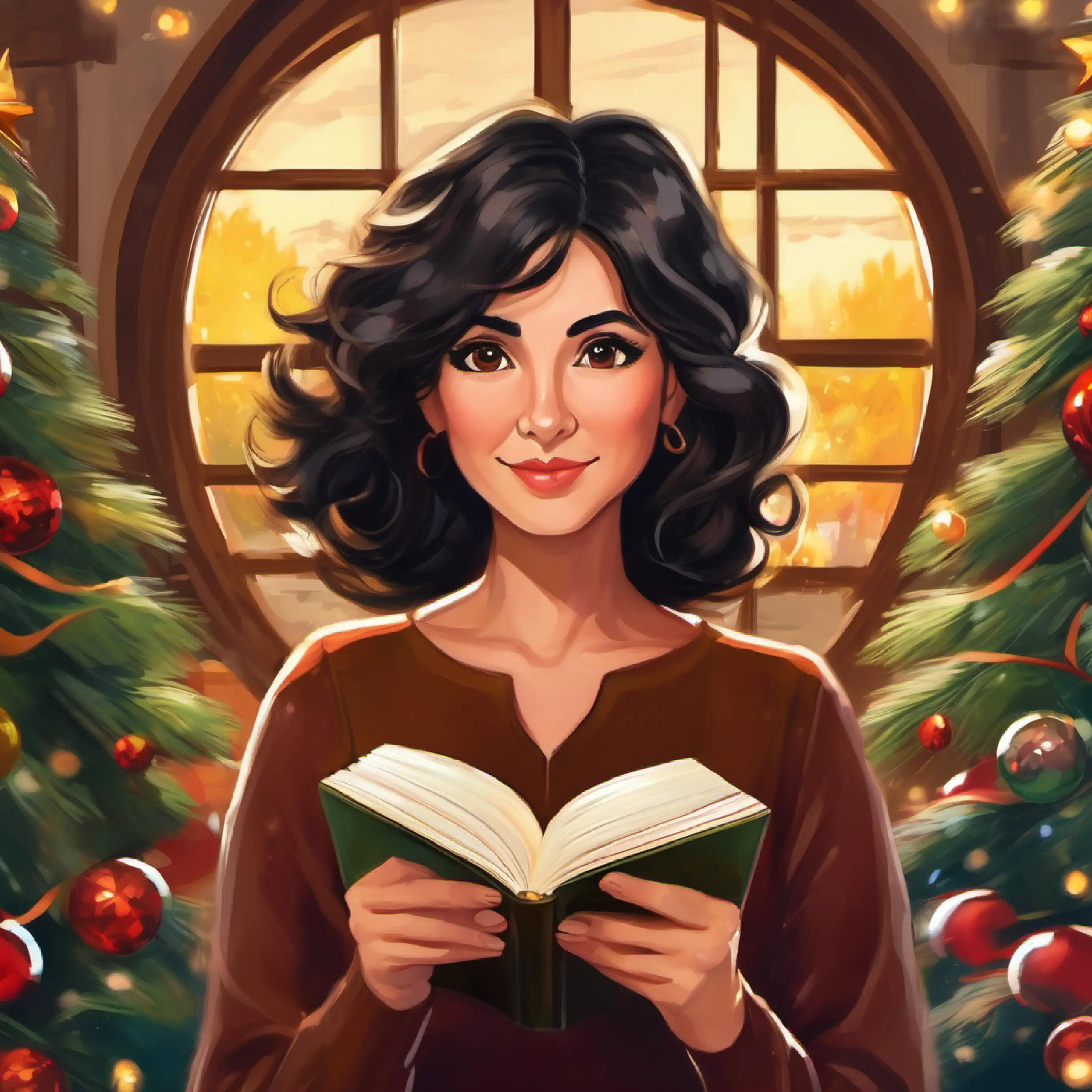 Middle-aged, black wavy hair, olive skin, deep brown eyes senses changes and looks for answers in her books.