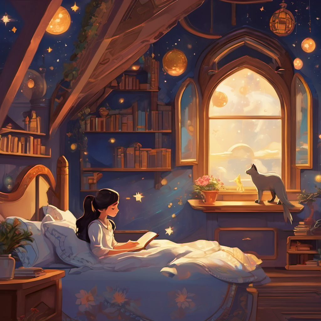 Once upon a time, in the mystical city of Veramore, there lived a young girl named Luna. Luna was an imaginative and curious 14-year-old who found solace in the magical worlds she created within her mind. Her love for mystery, science fiction, and friendship knew no bounds. One starry evening, as Luna lay in bed with her favorite book, a gentle breeze whispered through her window and carried her away into the cosmos. She found herself on a fantastical spaceship named Orion, soaring through the galaxies. Confused but exhilarated, Luna noticed a group of strange yet friendly creatures by her side.