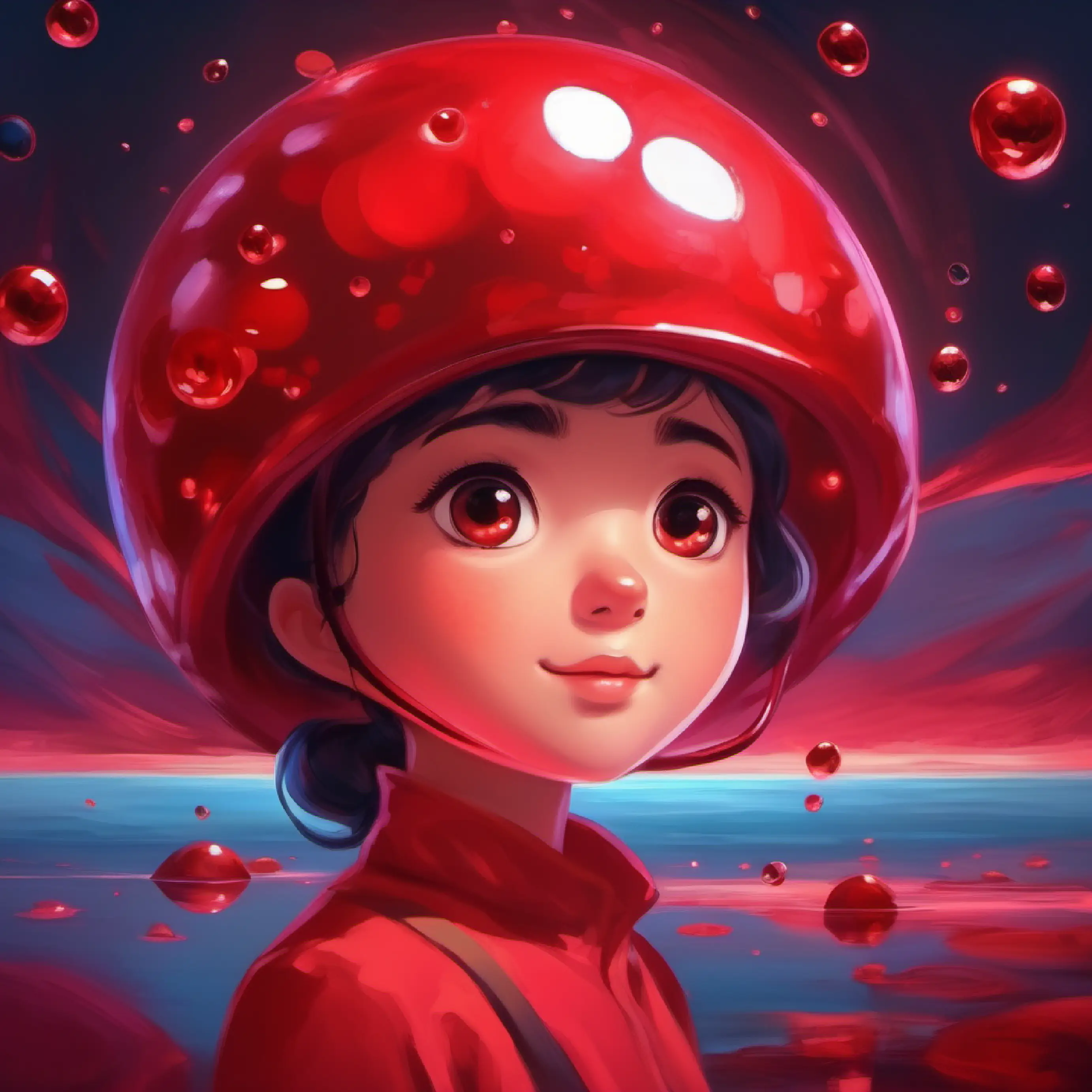 Energetic red blood cell with bright ruby-hue and sparkling dark eyes's reflection on her role in the perpetual cycle of life.