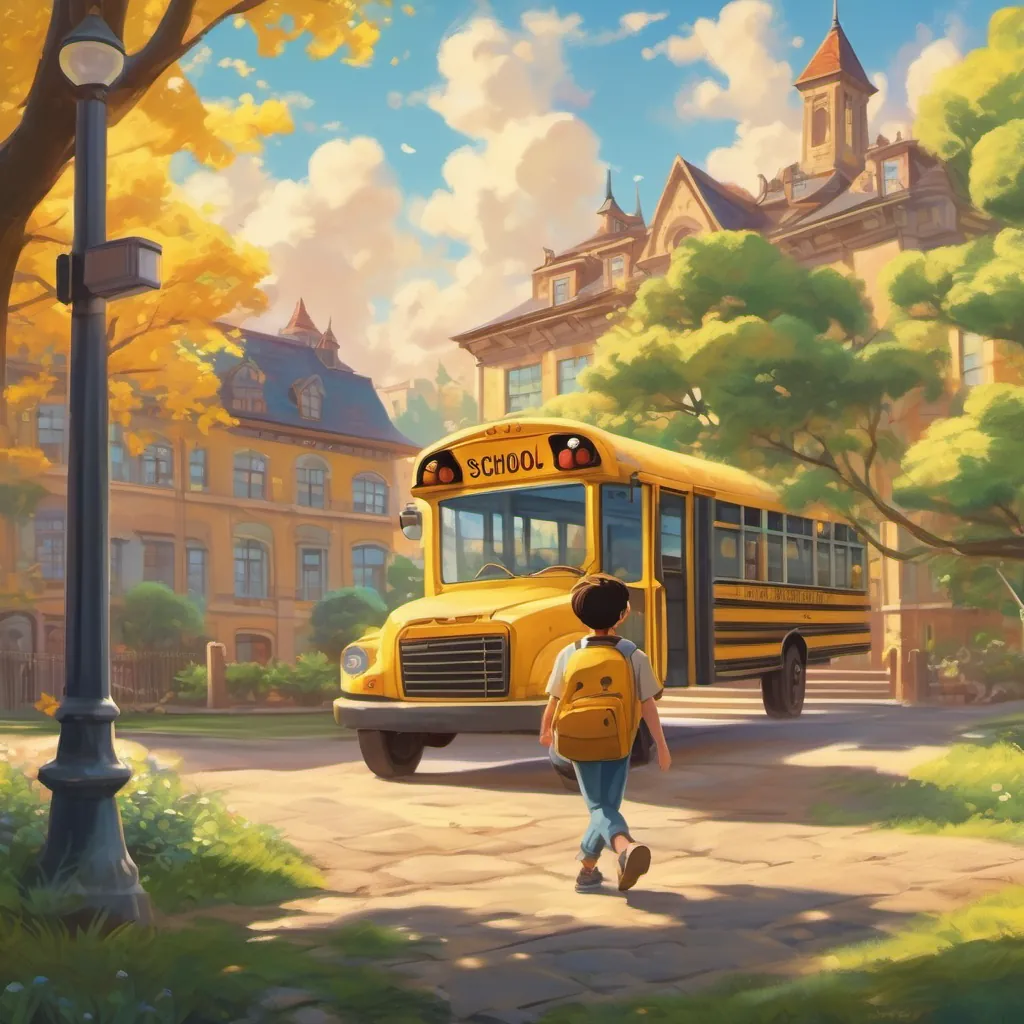 A cheerful boy stepping off a yellow school bus, greeted by a sunny sky and a vibrant school building.