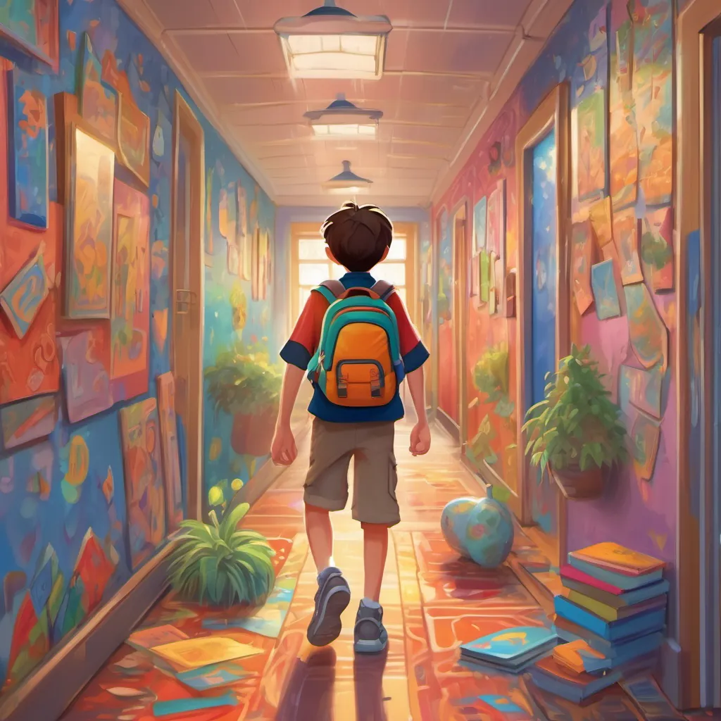 A young boy with a backpack, walking nervously down a colorful school hallway decorated with cheerful drawings.