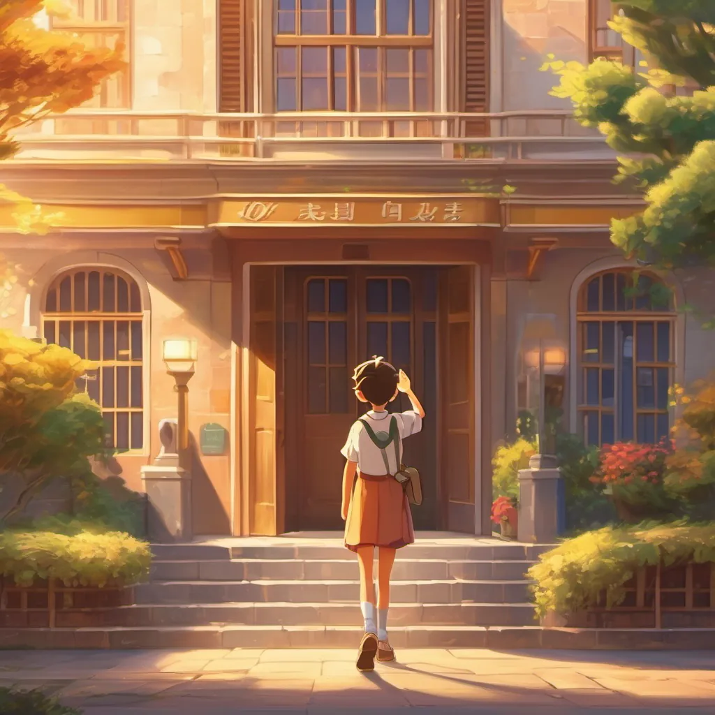 A boy and girl waving goodbye to each other outside the school building, with the sun setting in the background, casting golden hues.