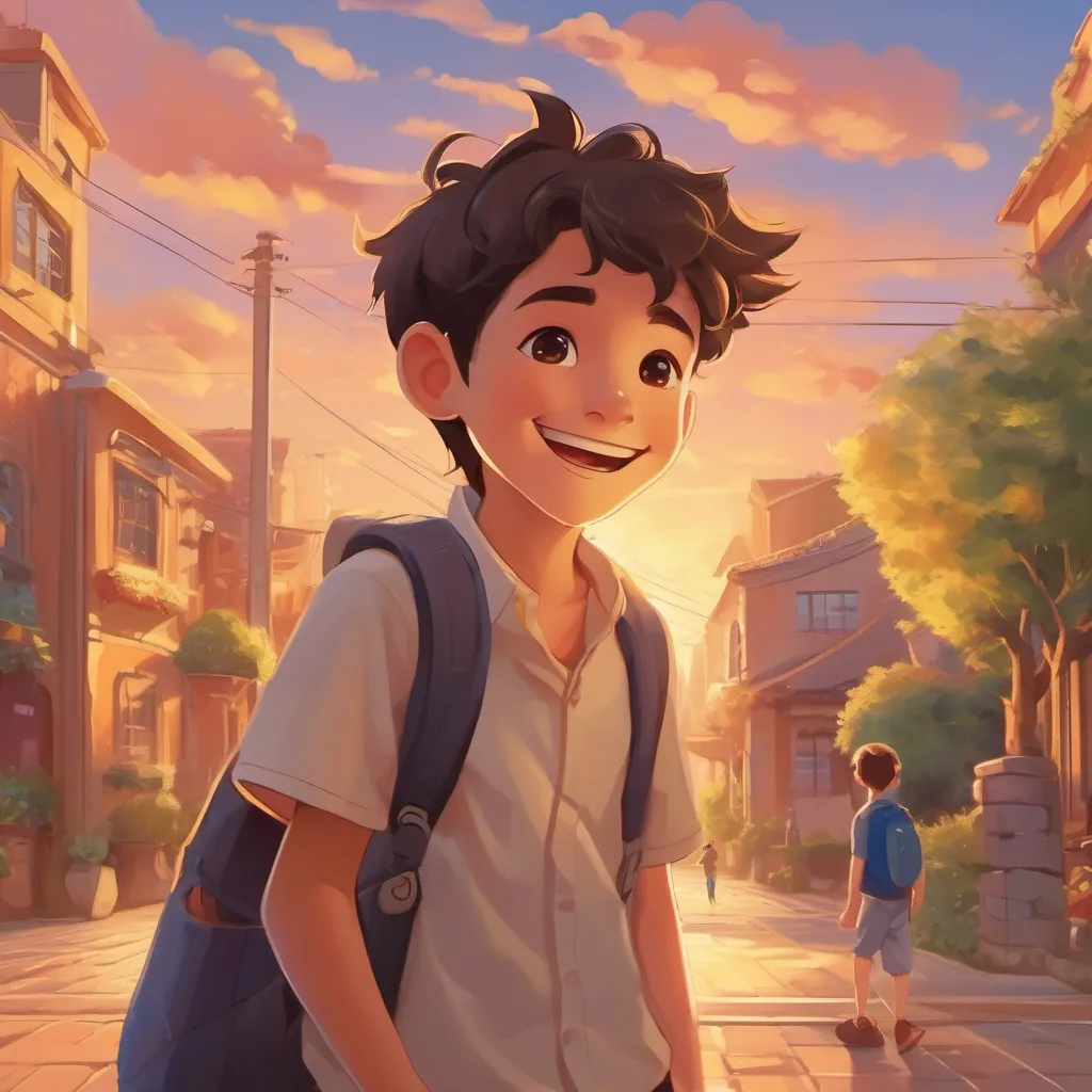 A boy walking on a sidewalk with a big smile, reflecting on his fun day, with the golden sunset painting the sky in warm colors.