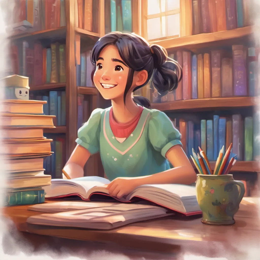 A happy girl with pigtails sitting at a desk filled with colorful books, speaking excitedly to a new friend.
