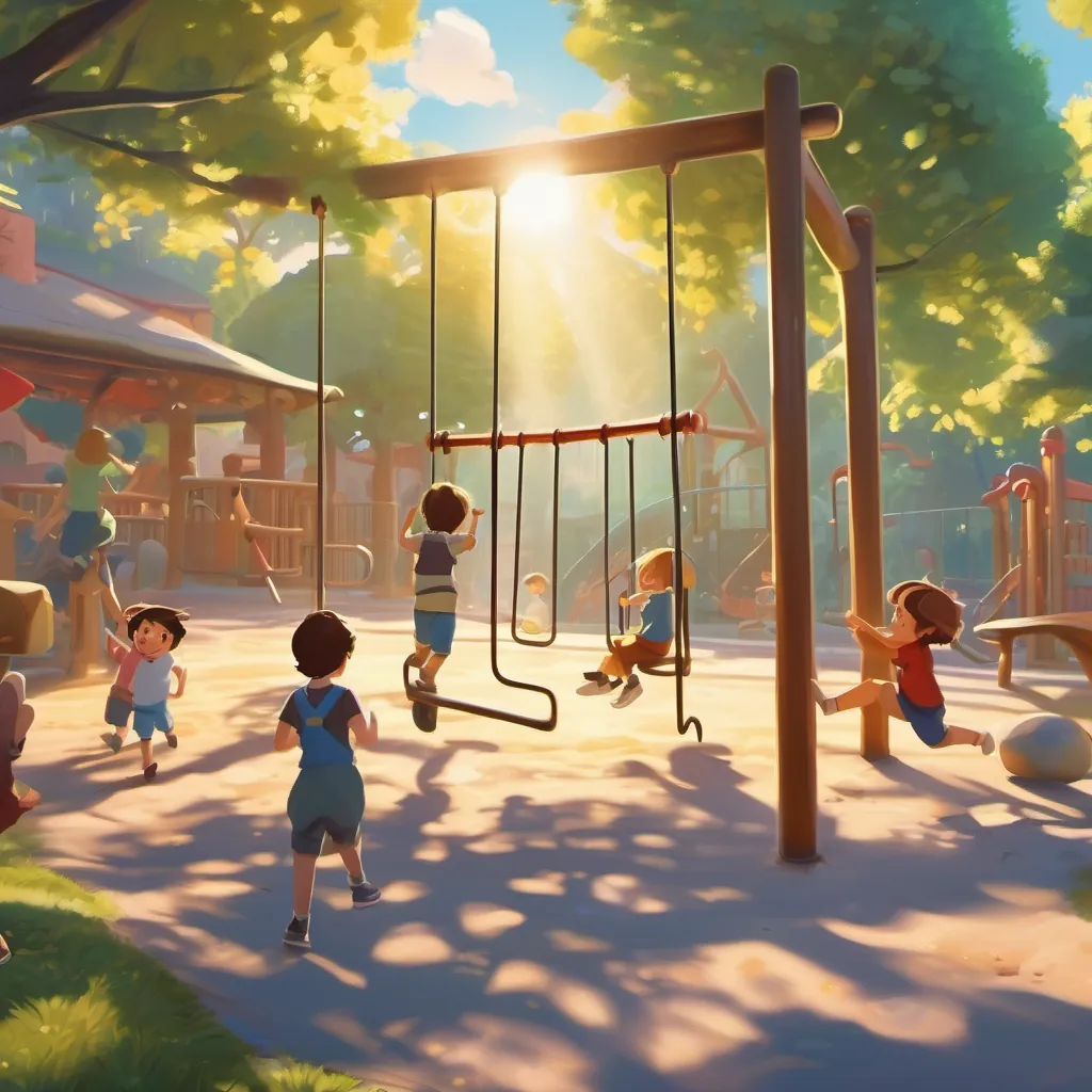 Children playing energetically on a playground with swings, slides, and bright sunlight casting playful shadows.