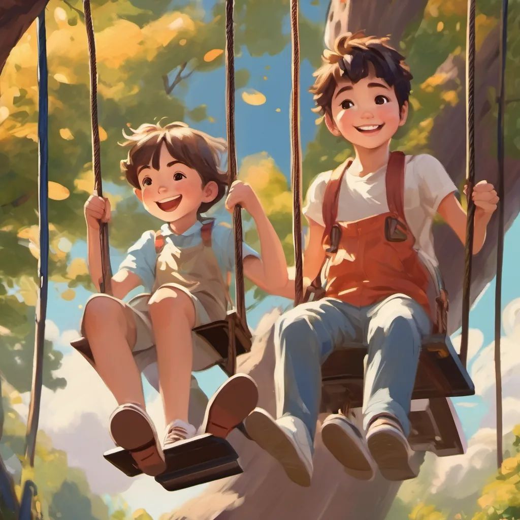 Two children on swings, pumping their legs to go higher, with huge grins on their faces, feeling like they're flying.