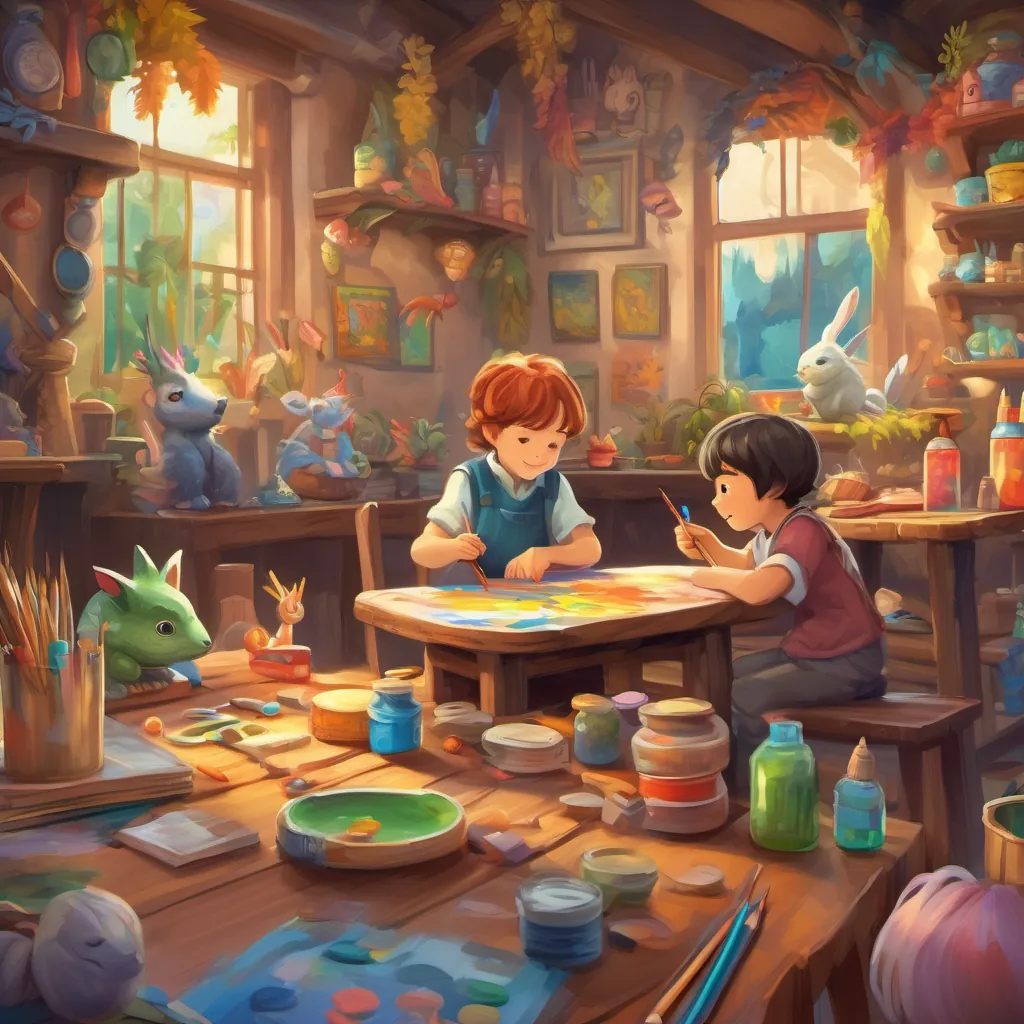 Children sitting at a table with art supplies, enthusiastically painting colorful and whimsical fantasy creatures.