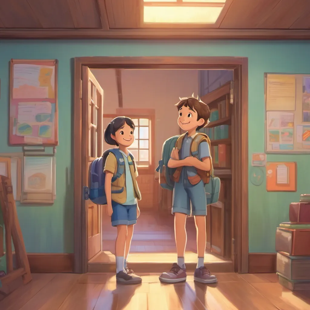 Two friends standing near a classroom door, smiling happily with their backpacks ready, eager for the next day.