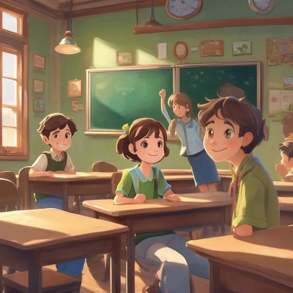 A smiling girl sitting next to a shy boy with brown hair and green eyes. They are in a classroom.
