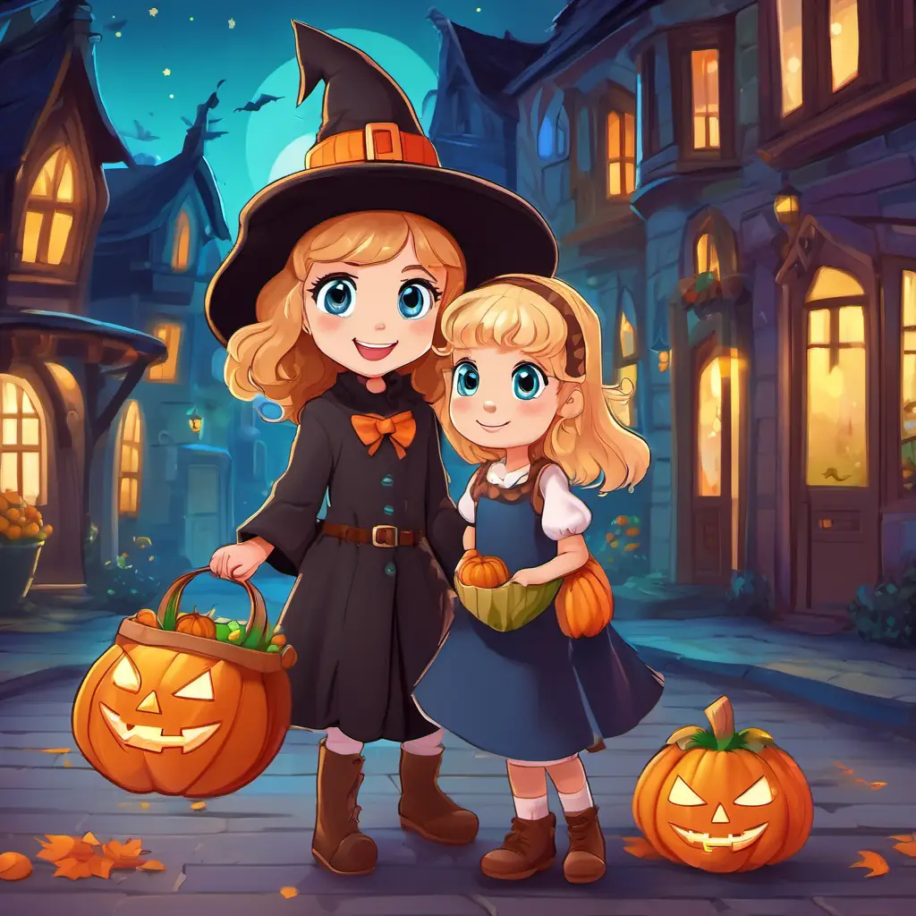 Mia is a little girl with curly brown hair and bright blue eyes She always wears a friendly witch costume on Halloween and Lily is Mia's best friend She has long blonde hair and sparkly green eyes She also dresses up as a friendly witch on Halloween, dressed as friendly witches, walking down a colorful street holding their treat bags.