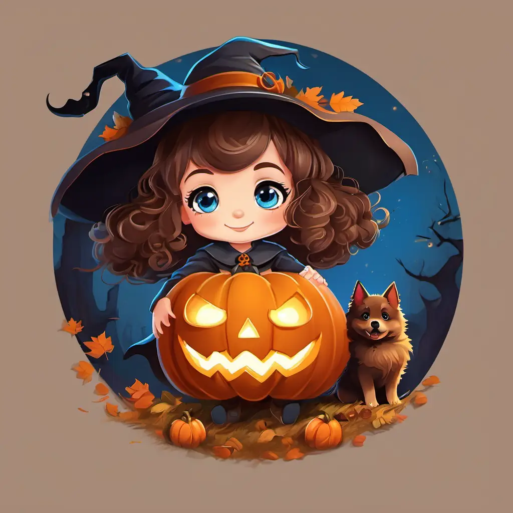 Mia is a little girl with curly brown hair and bright blue eyes She always wears a friendly witch costume on Halloween with Pumpkin is a small puppy with a caramel-colored coat He has big, round brown eyes and a wagging tail in her arms, outside a spooky Halloween store.