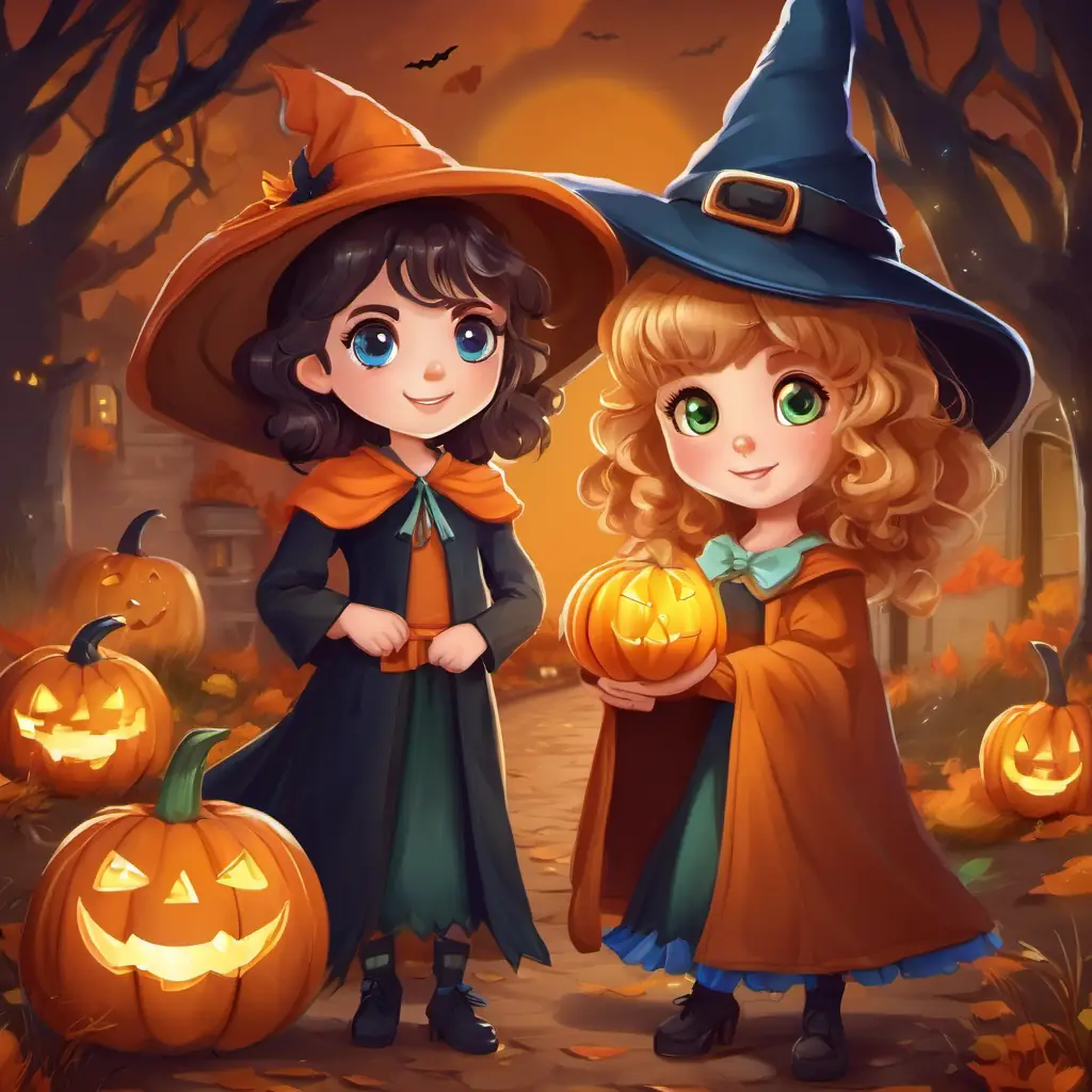 Mia is a little girl with curly brown hair and bright blue eyes She always wears a friendly witch costume on Halloween and Lily is Mia is a little girl with curly brown hair and bright blue eyes She always wears a friendly witch costume on Halloween's best friend She has long blonde hair and sparkly green eyes She also dresses up as a friendly witch on Halloween putting up posters with a picture of Pumpkin is a small puppy with a caramel-colored coat He has big, round brown eyes and a wagging tail, hoping someone will adopt him.