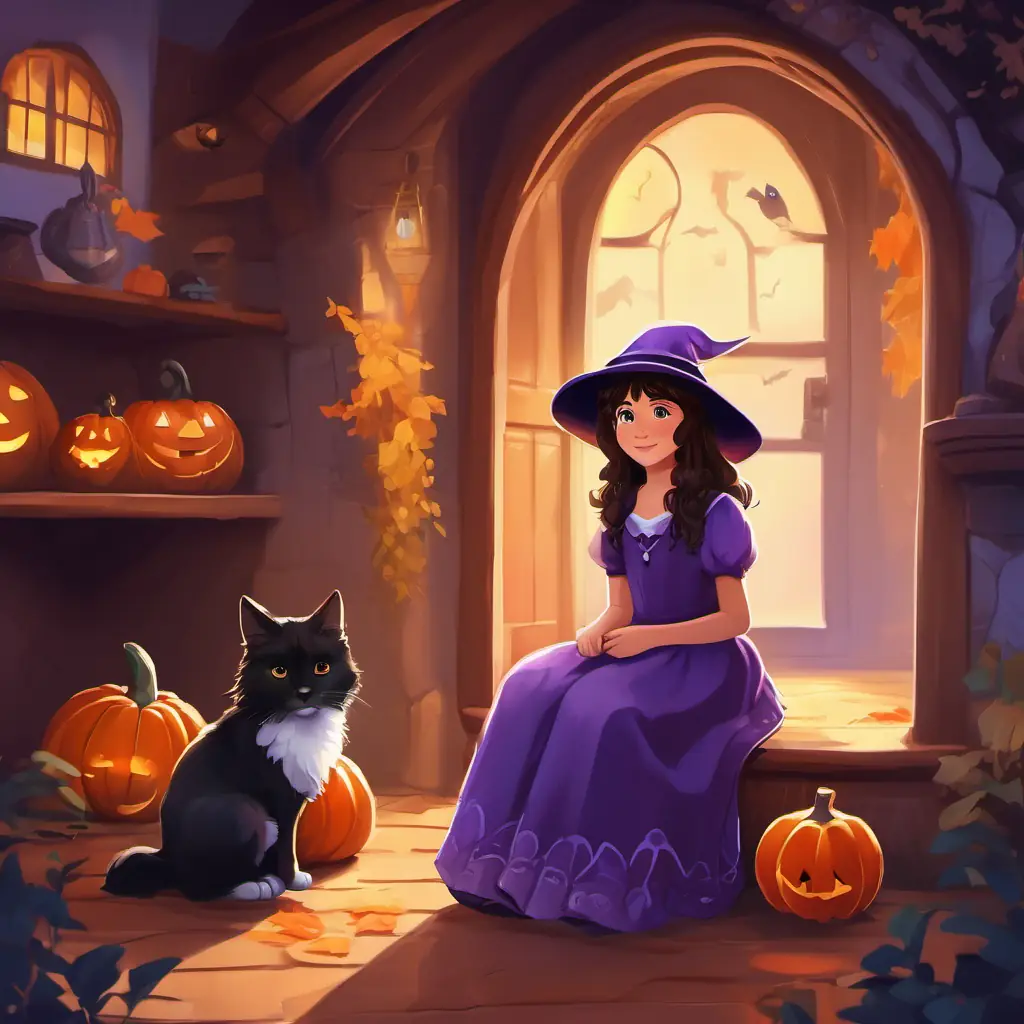 Mia is a little girl with curly brown hair and bright blue eyes She always wears a friendly witch costume on Halloween approaching Emma is a kind-hearted girl with straight black hair and warm brown eyes She is wearing a purple dress, who is sitting alone in a corner at the animal shelter.