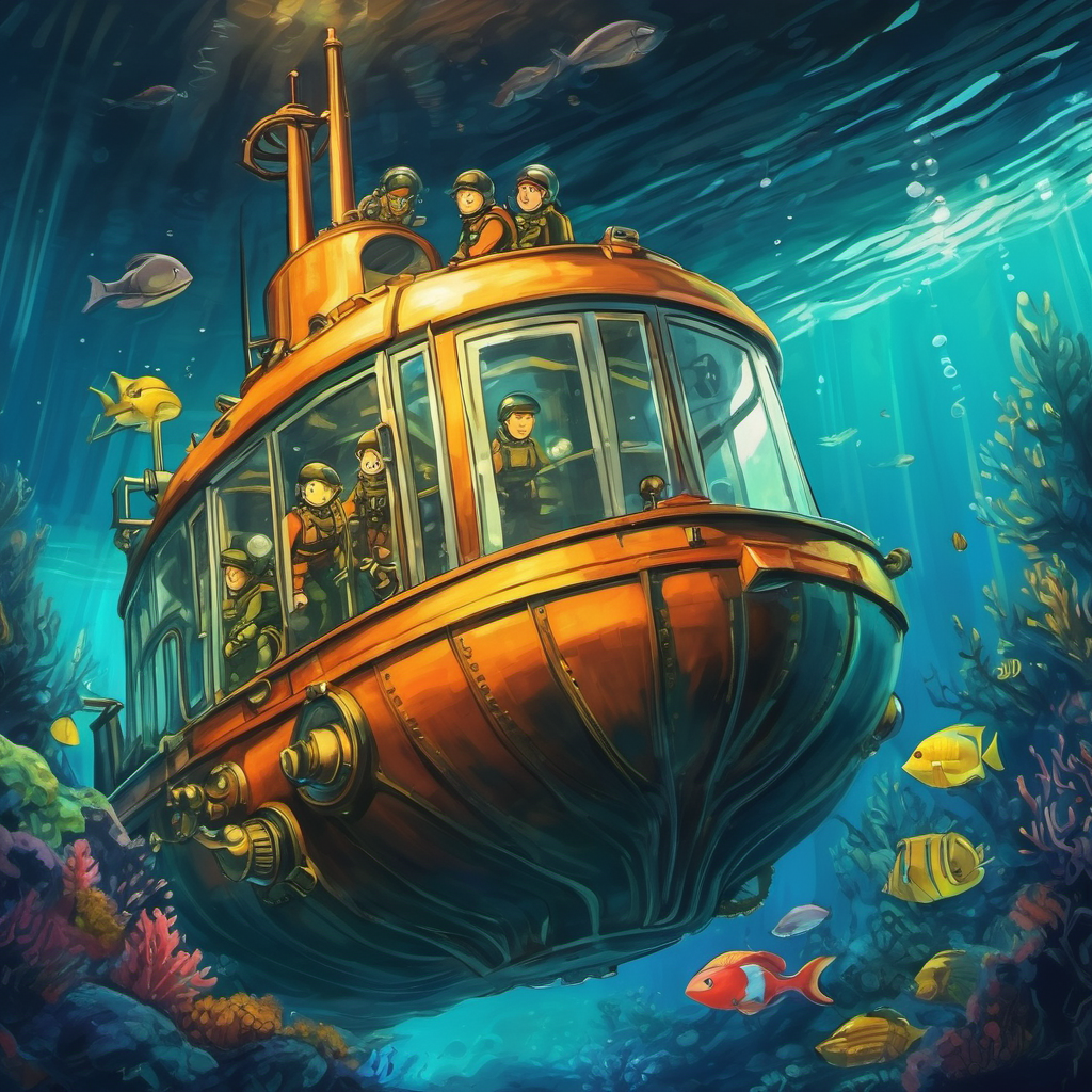 Explorers in a submarine diving into the deep sea
