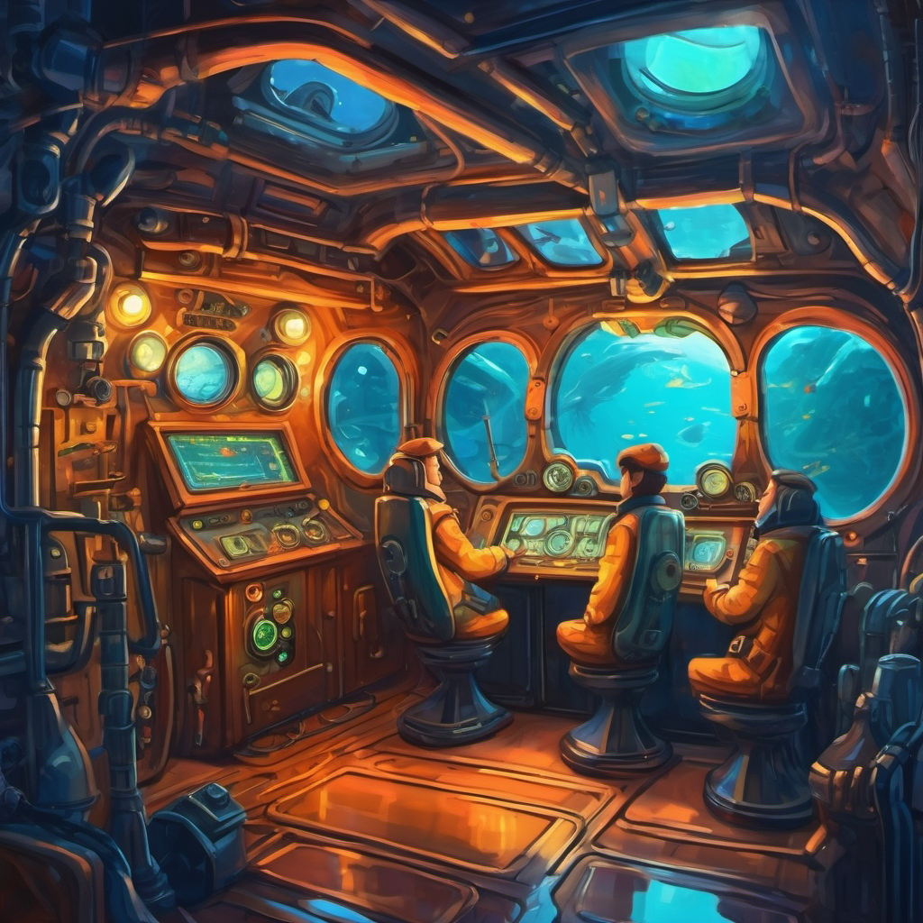 Explorers in a submarine with glowing control panels