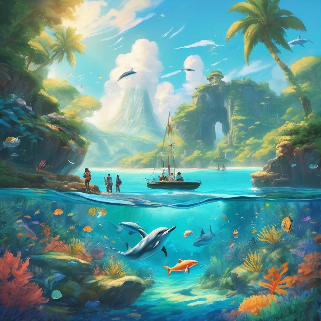 Explorers surrounded by friendly dolphins and tropical fish