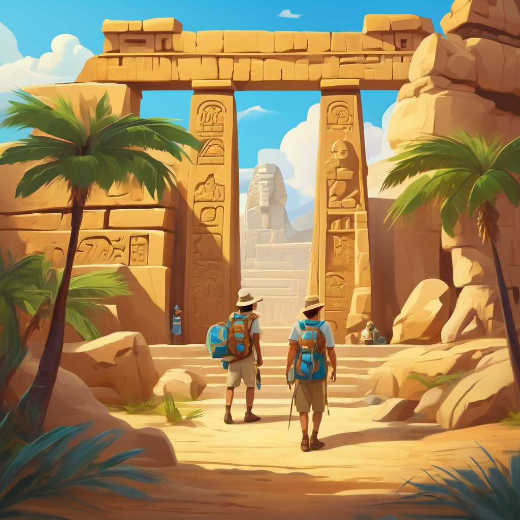 Explorers examining hieroglyphics and ancient treasures