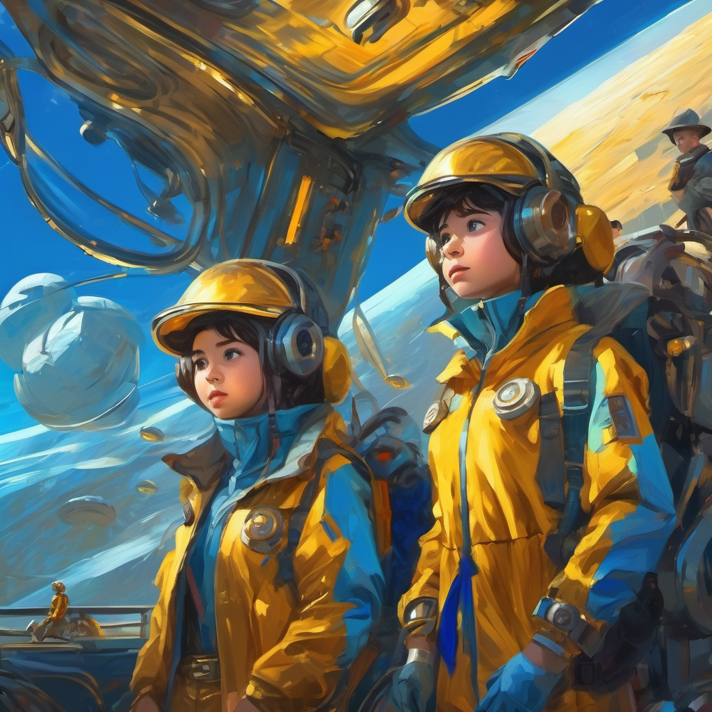 Explorers amazed by advanced machinery and kind Blue-skinned, golden-eyed, kind-hearted, futuristic clothing