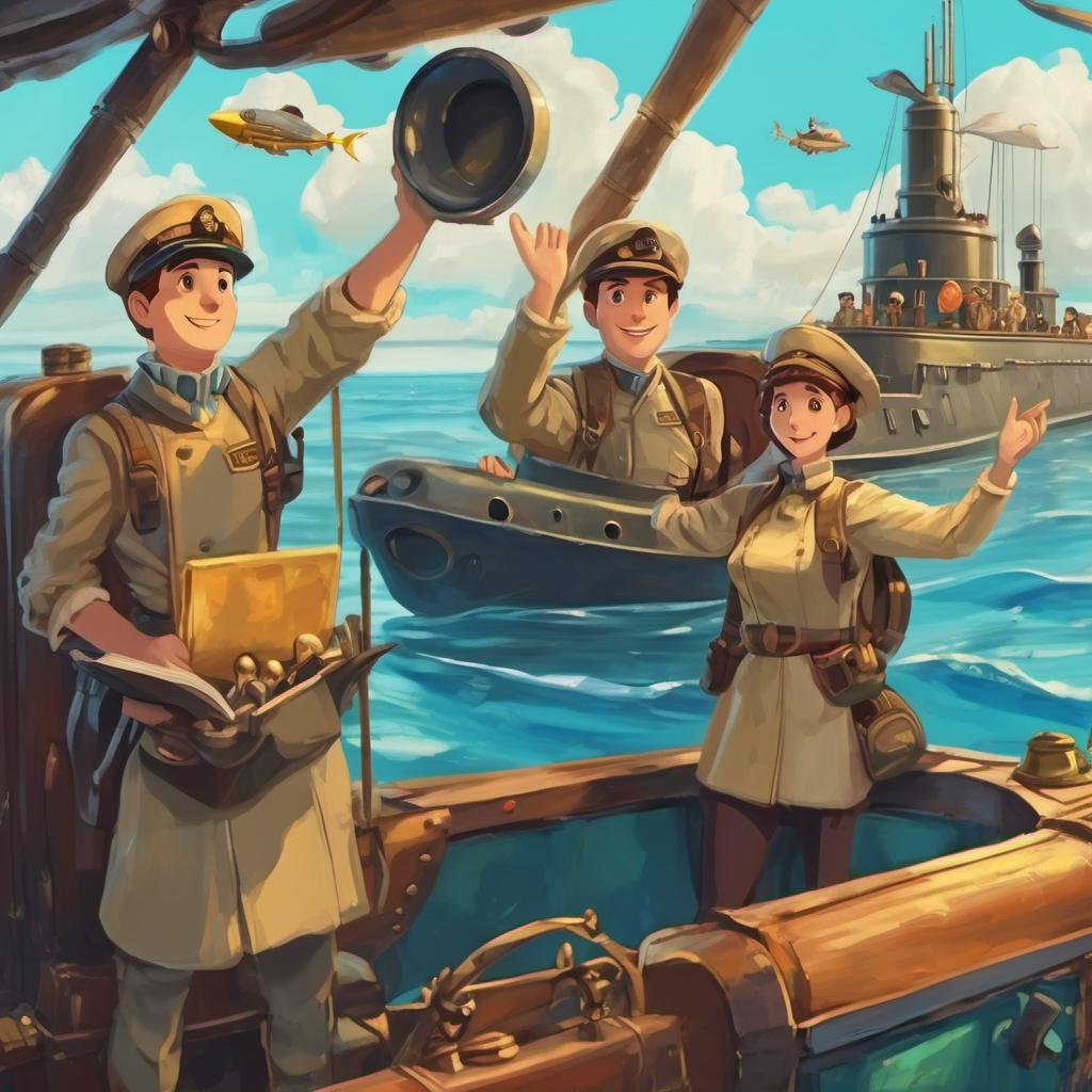 Explorers waving from the submarine, holding artifacts and charts