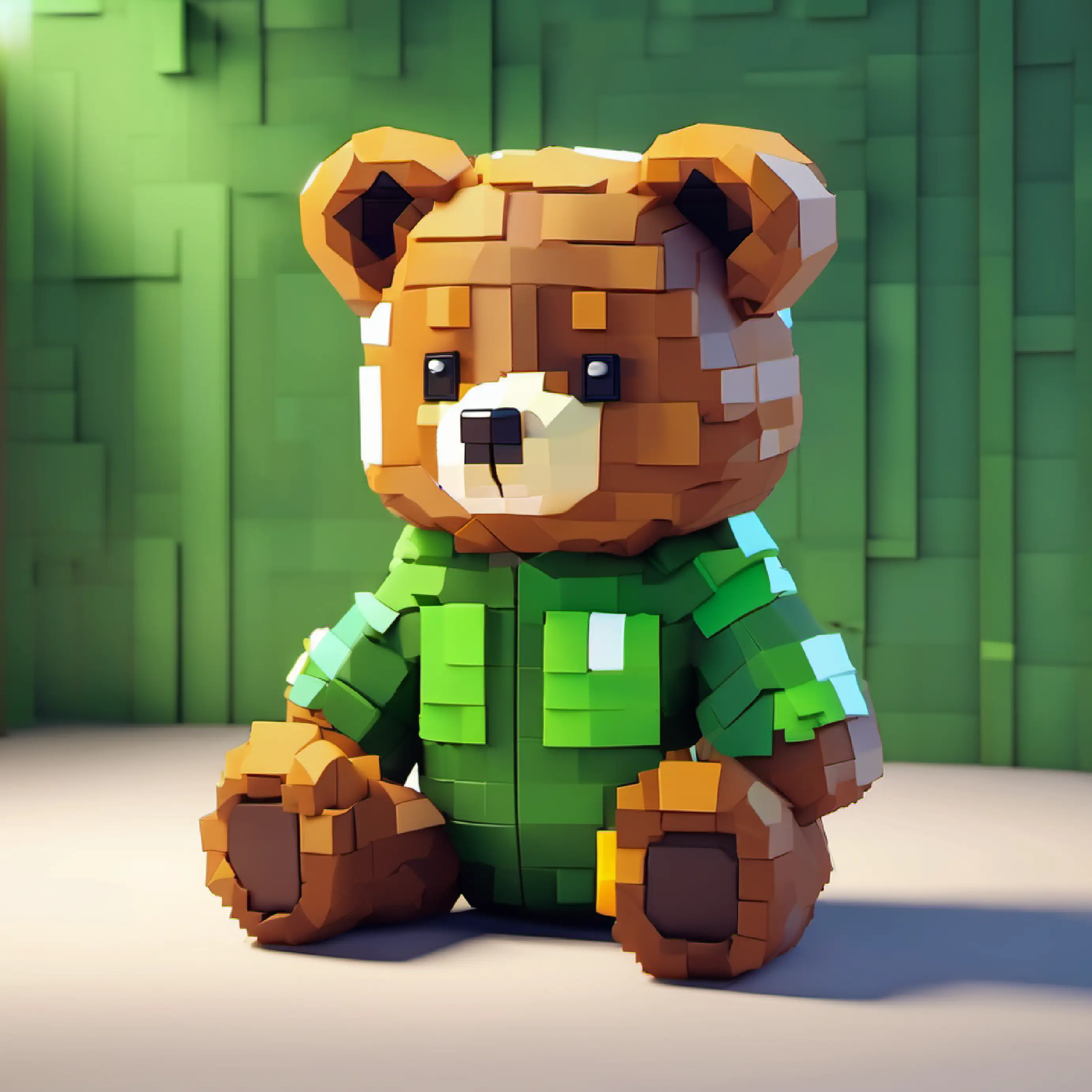 Introducing Plush teddy bear, brown fur, warm friendly stitched eyes the teddy bear, with Small boy, tousled hair, curious green eyes, always wears pajamas in his bedroom at night.
