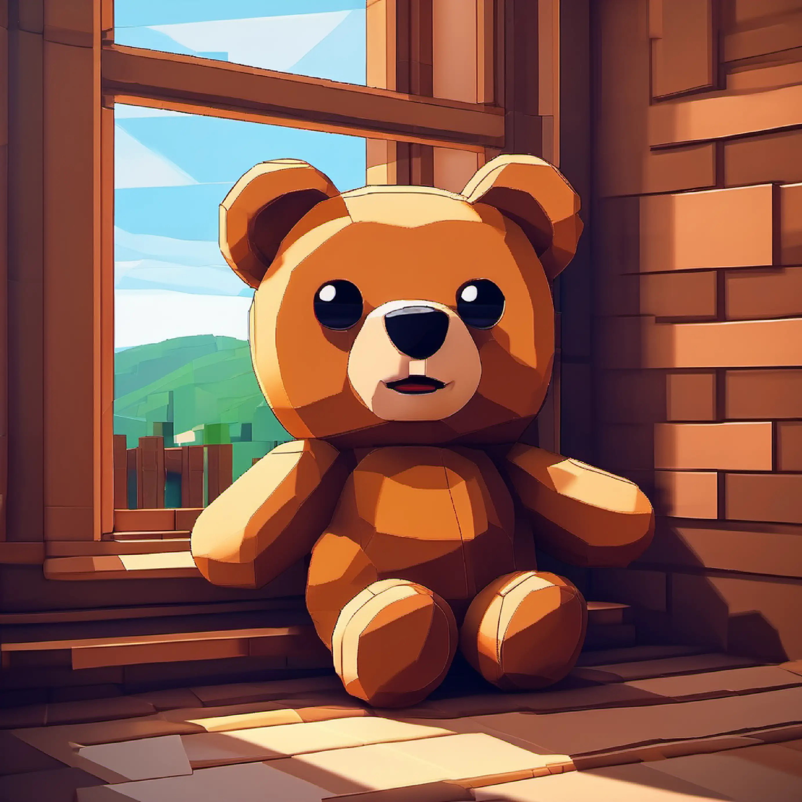 Plush teddy bear, brown fur, warm friendly stitched eyes at the window, longing for space.