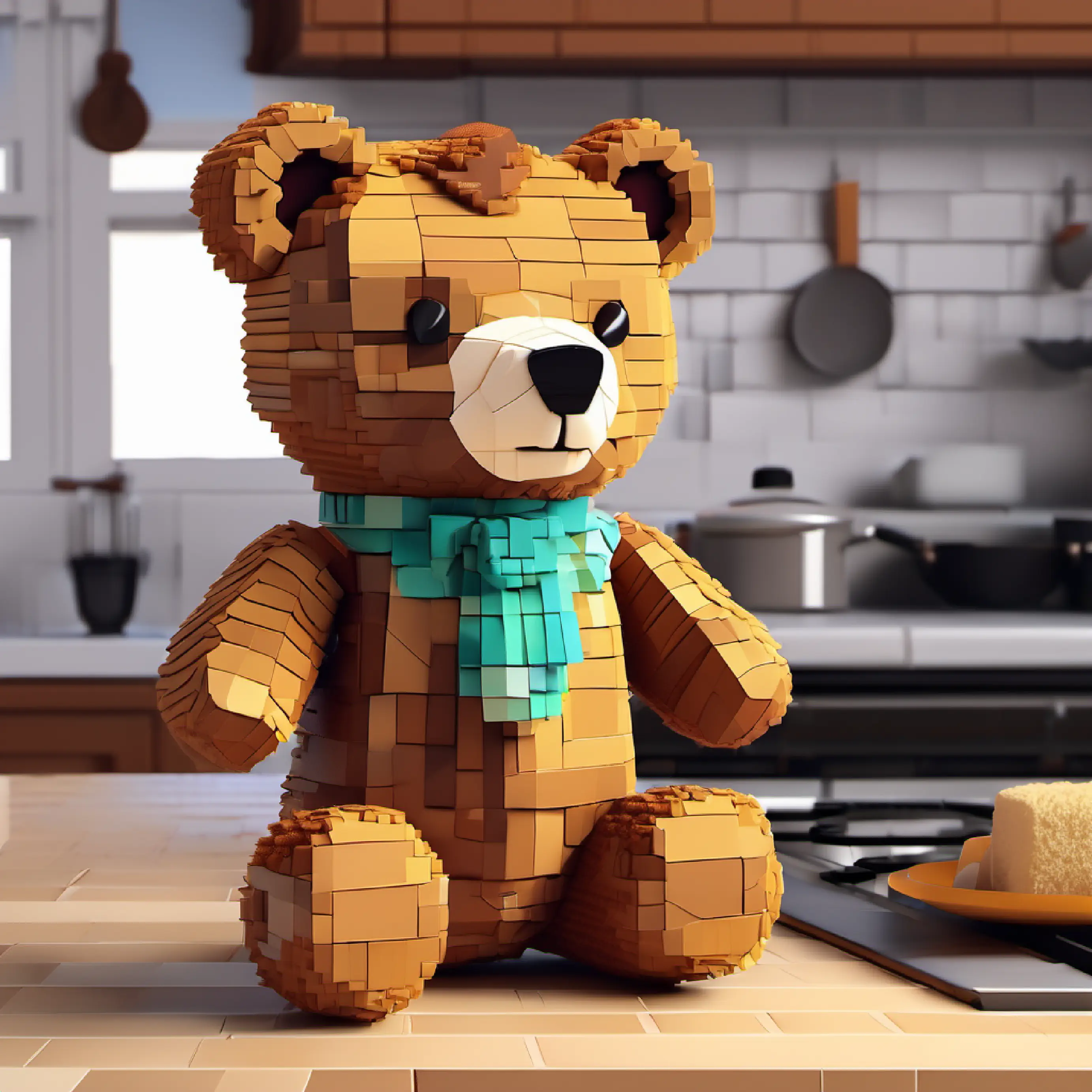 Plush teddy bear, brown fur, warm friendly stitched eyes solving a mystery in the kitchen.