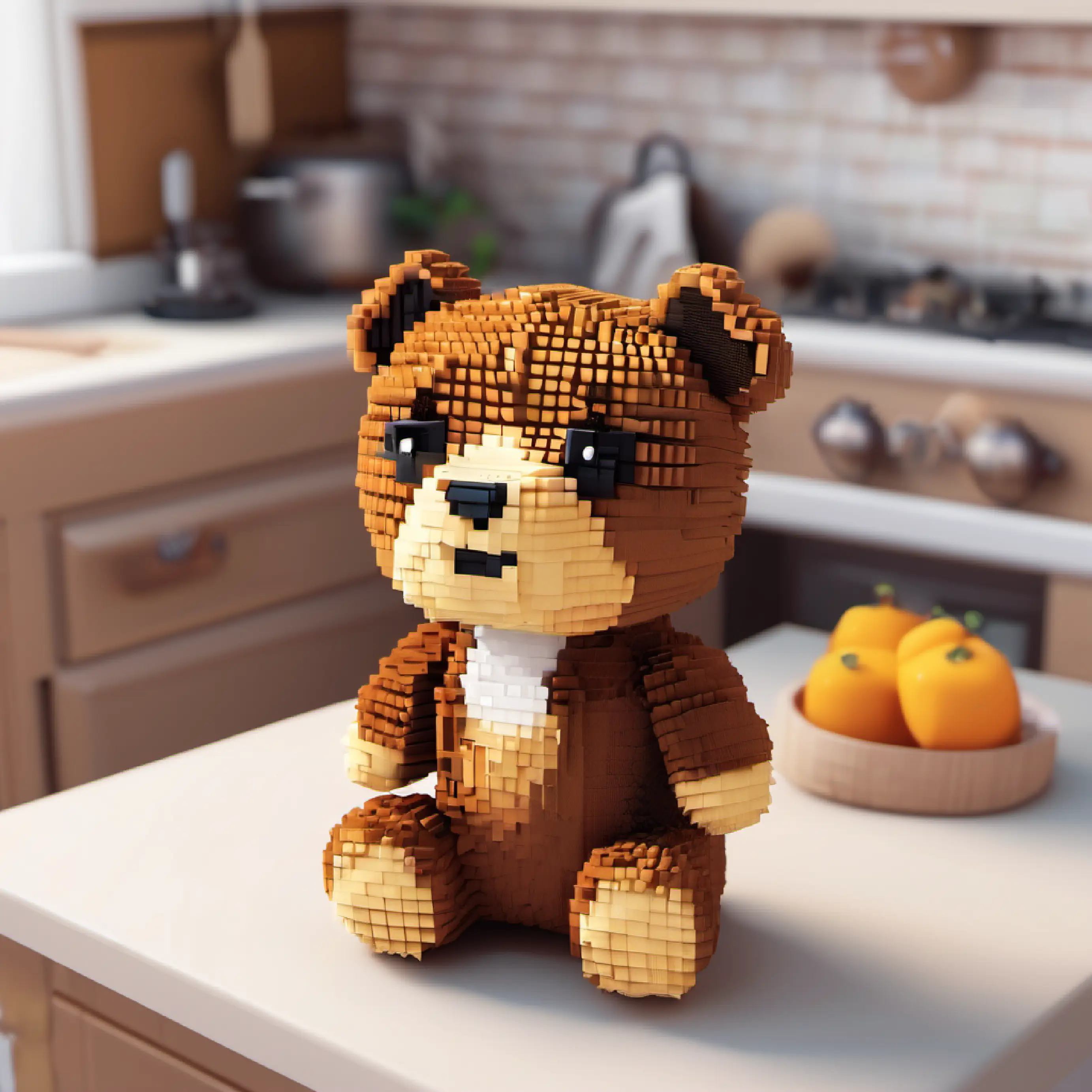 Plush teddy bear, brown fur, warm friendly stitched eyes finds a puppy in the kitchen.