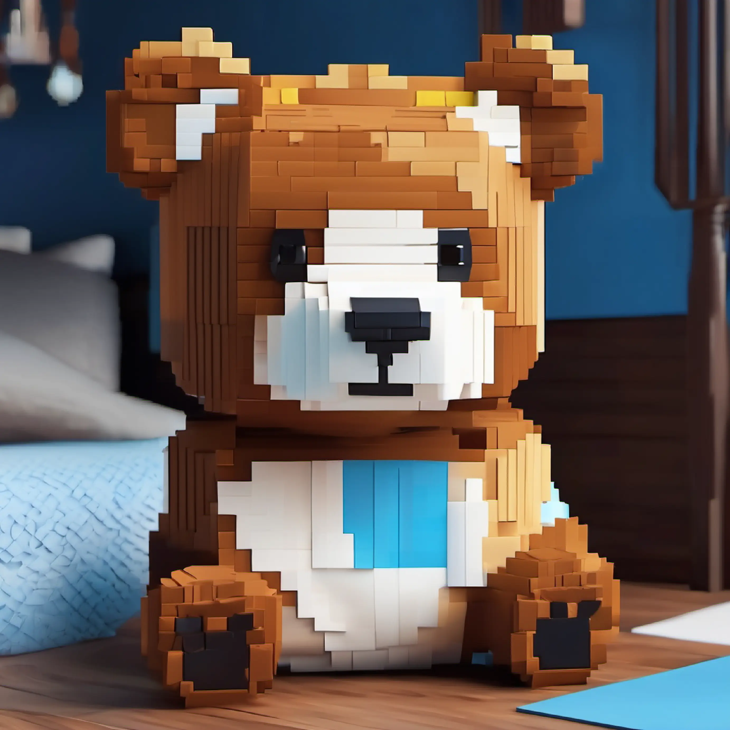 Plush teddy bear, brown fur, warm friendly stitched eyes and Tiny lost puppy, white with brown spots, bright blue eyes bonding in the bedroom.