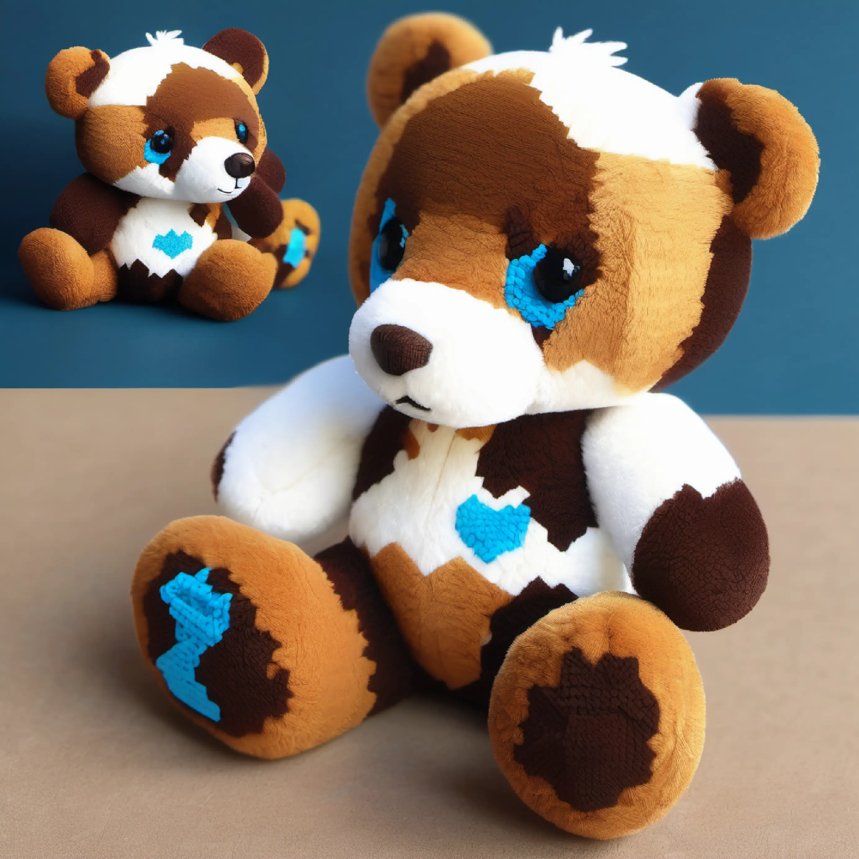 Plush teddy bear, brown fur, warm friendly stitched eyes sharing stories with Tiny lost puppy, white with brown spots, bright blue eyes.
