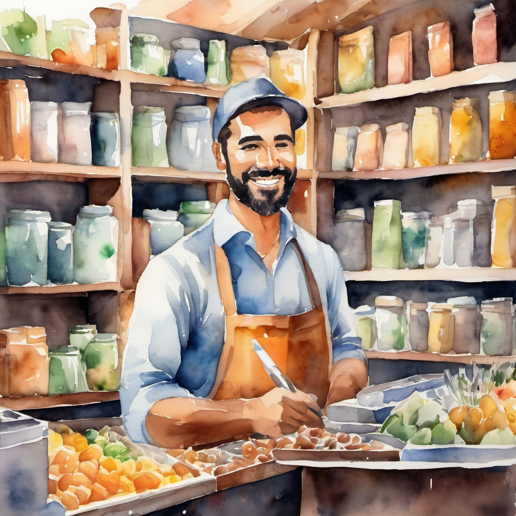 Fair man with a smile, hardworking and confident in his shop, working hard to earn money