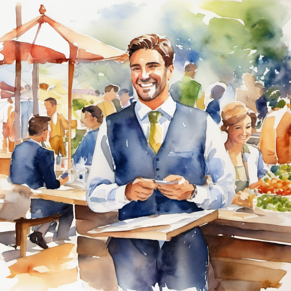 Fair man with a smile, hardworking and confident's friends suggesting him to become a businessman