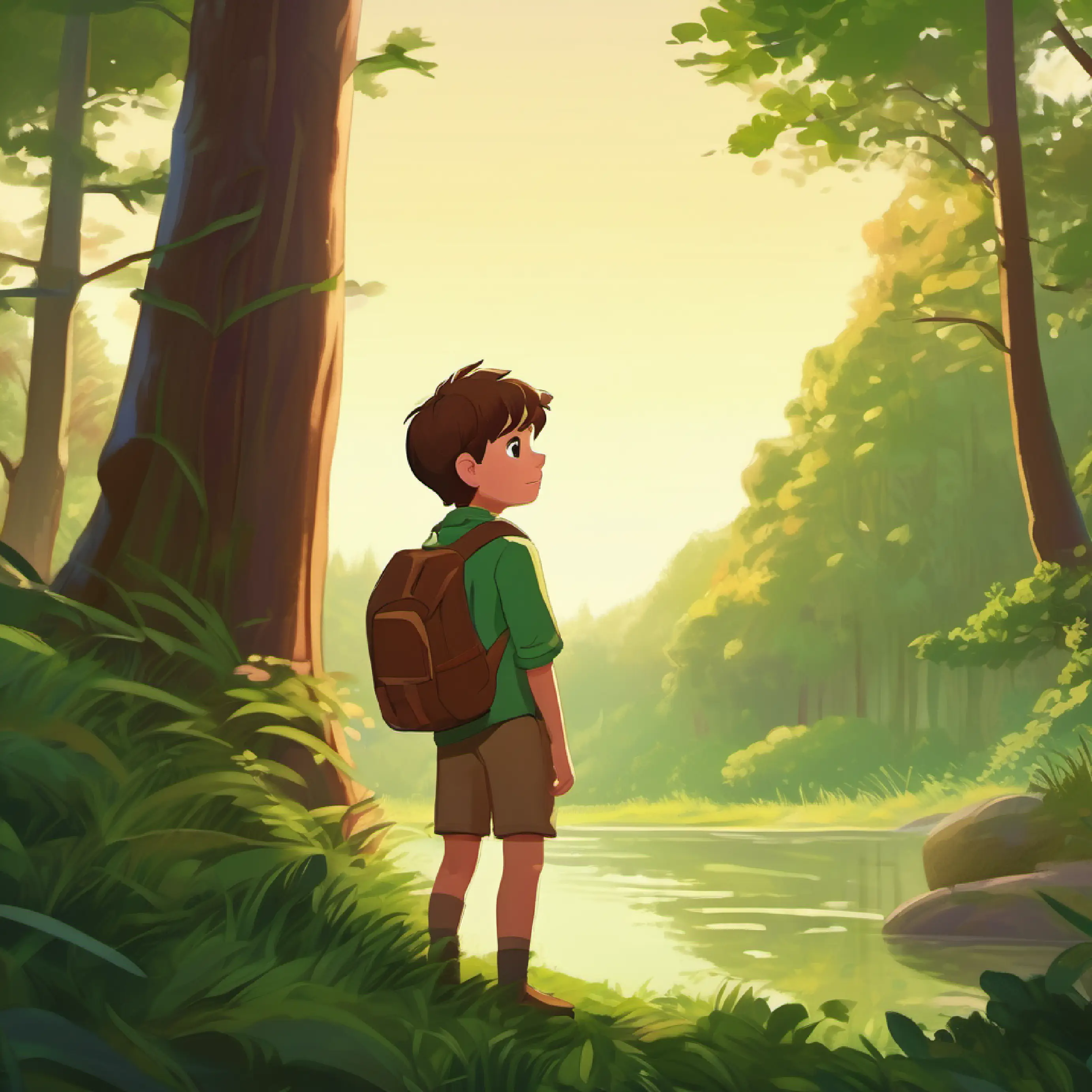 Introduction to Curious boy, short brown hair, green eyes, adventurous spirit and the setting at the forest's edge, morning time