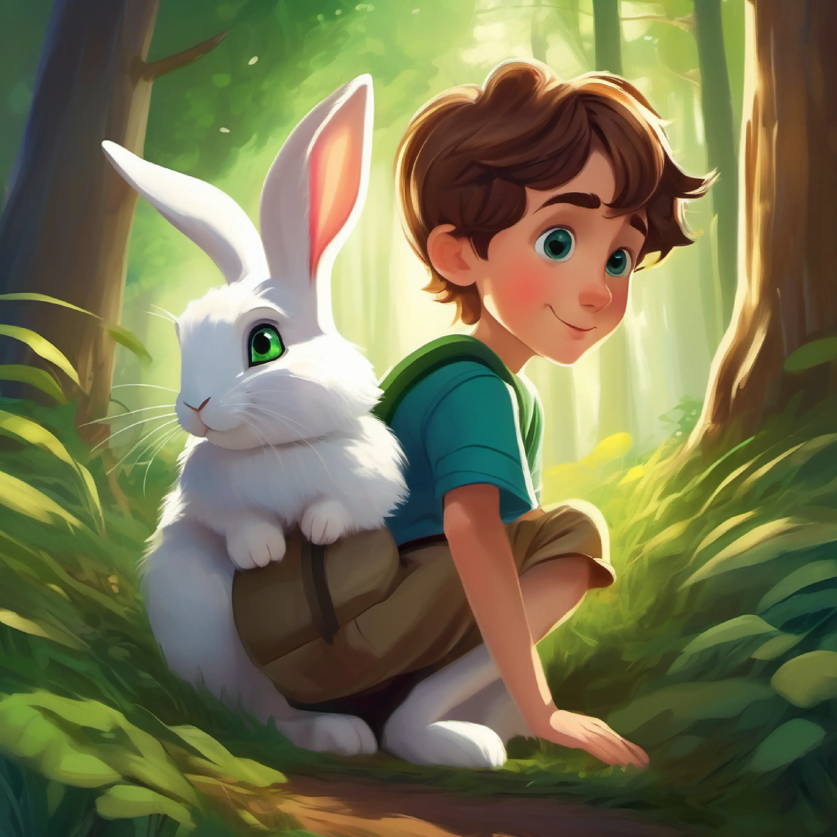 Curious boy, short brown hair, green eyes, adventurous spirit meets White rabbit, fluffy, big blue eyes, friendly and playful the rabbit, magical encounter in the forest
