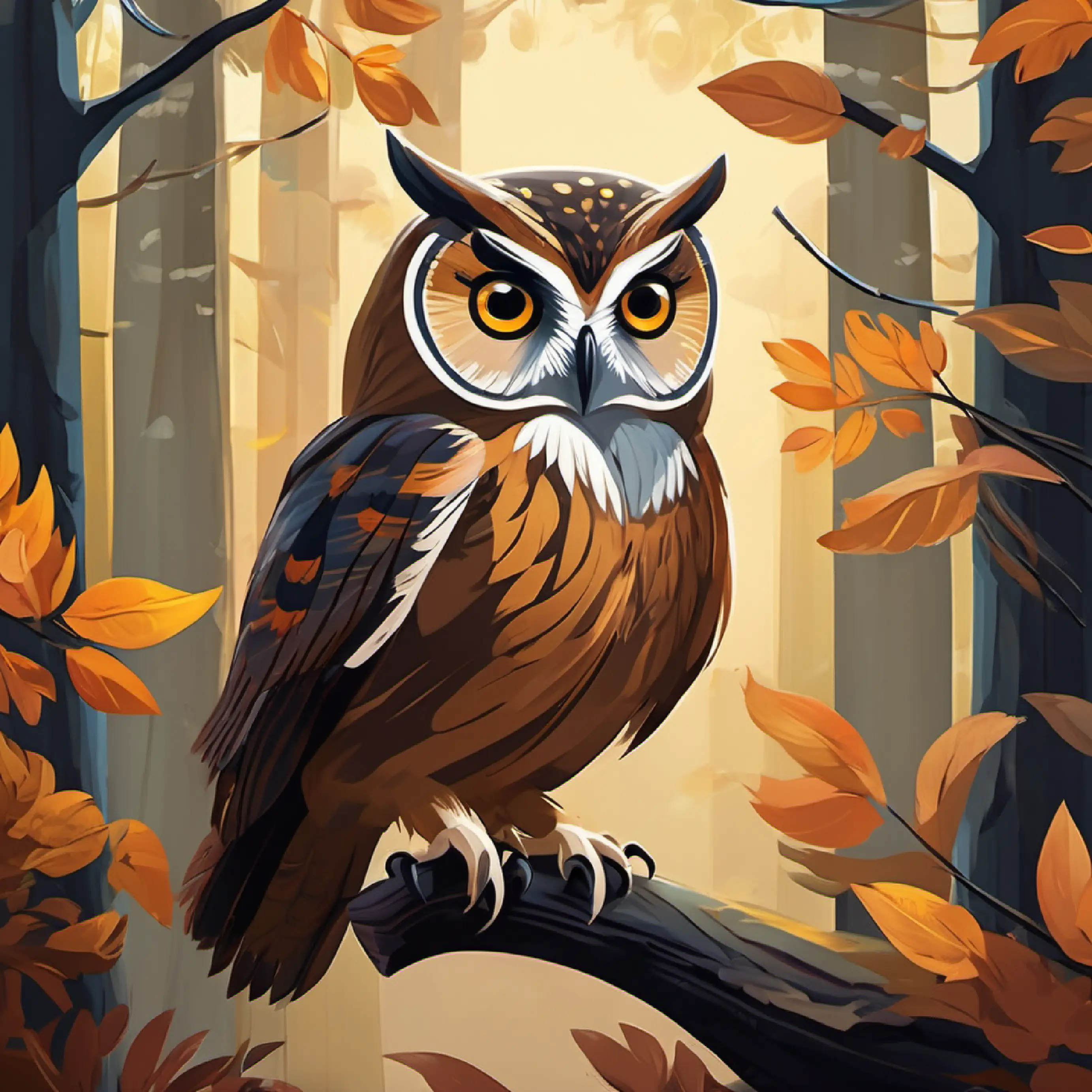 Meeting Owl, dark feathers, wise look, big round eyes the owl, forest comes alive with song and dance