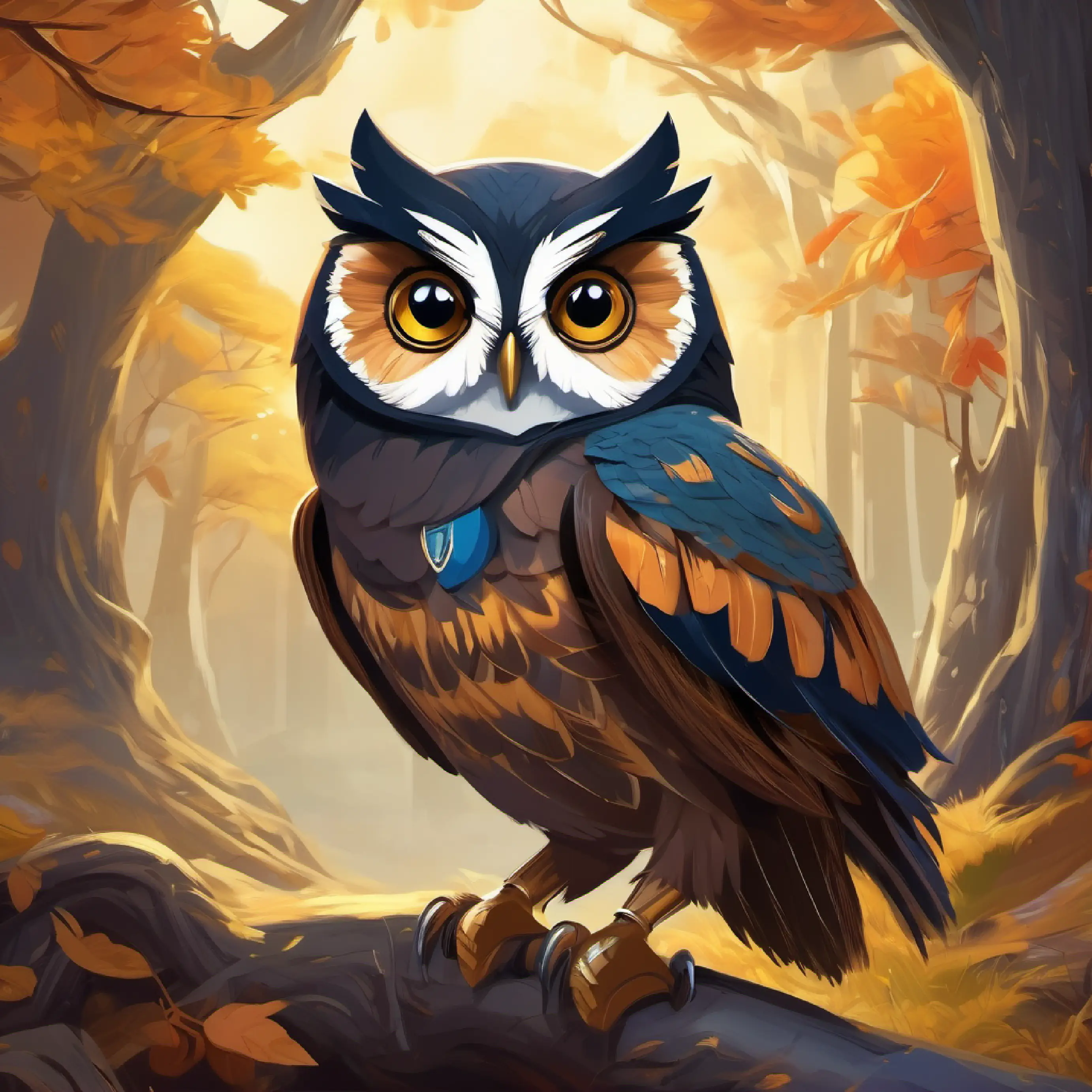 Owl, dark feathers, wise look, big round eyes presents the quest for treasure, path of riddles begins