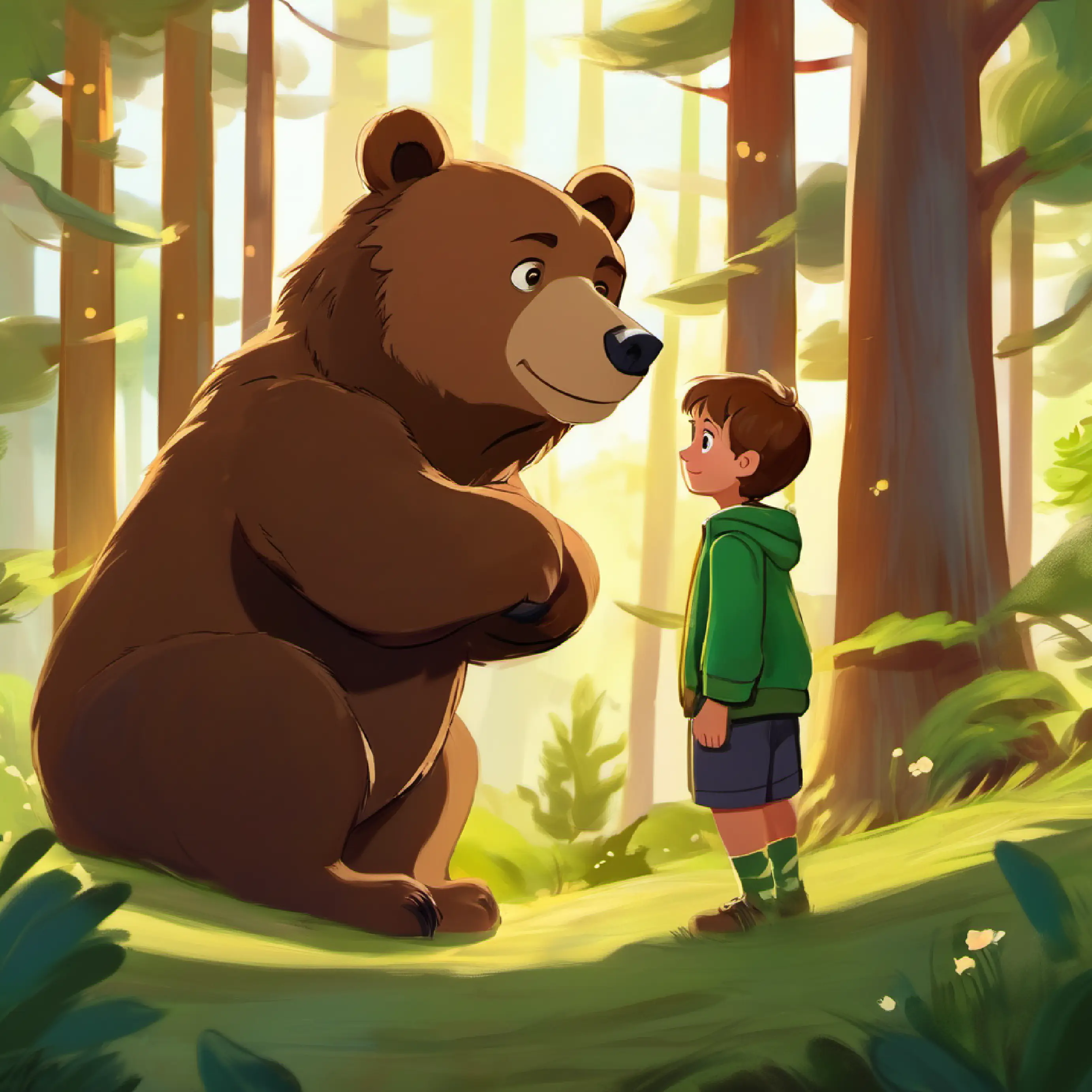 First riddle by Bear, soft brown fur, large, gentle and jolly the bear, answer discovered by Curious boy, short brown hair, green eyes, adventurous spirit