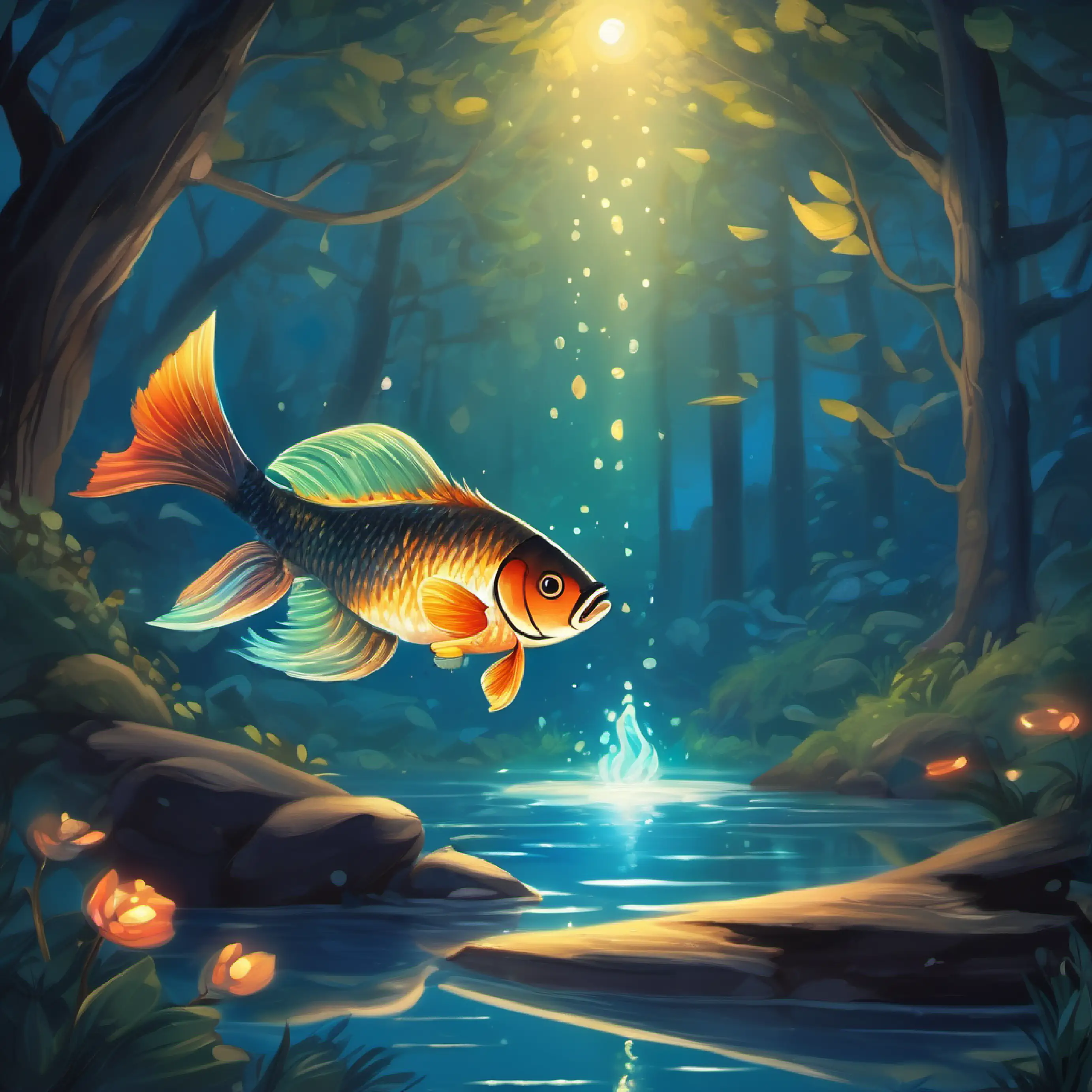 Night time in the woods, second riddle from Fish, silver scales, swift, happy, a water breather the fish