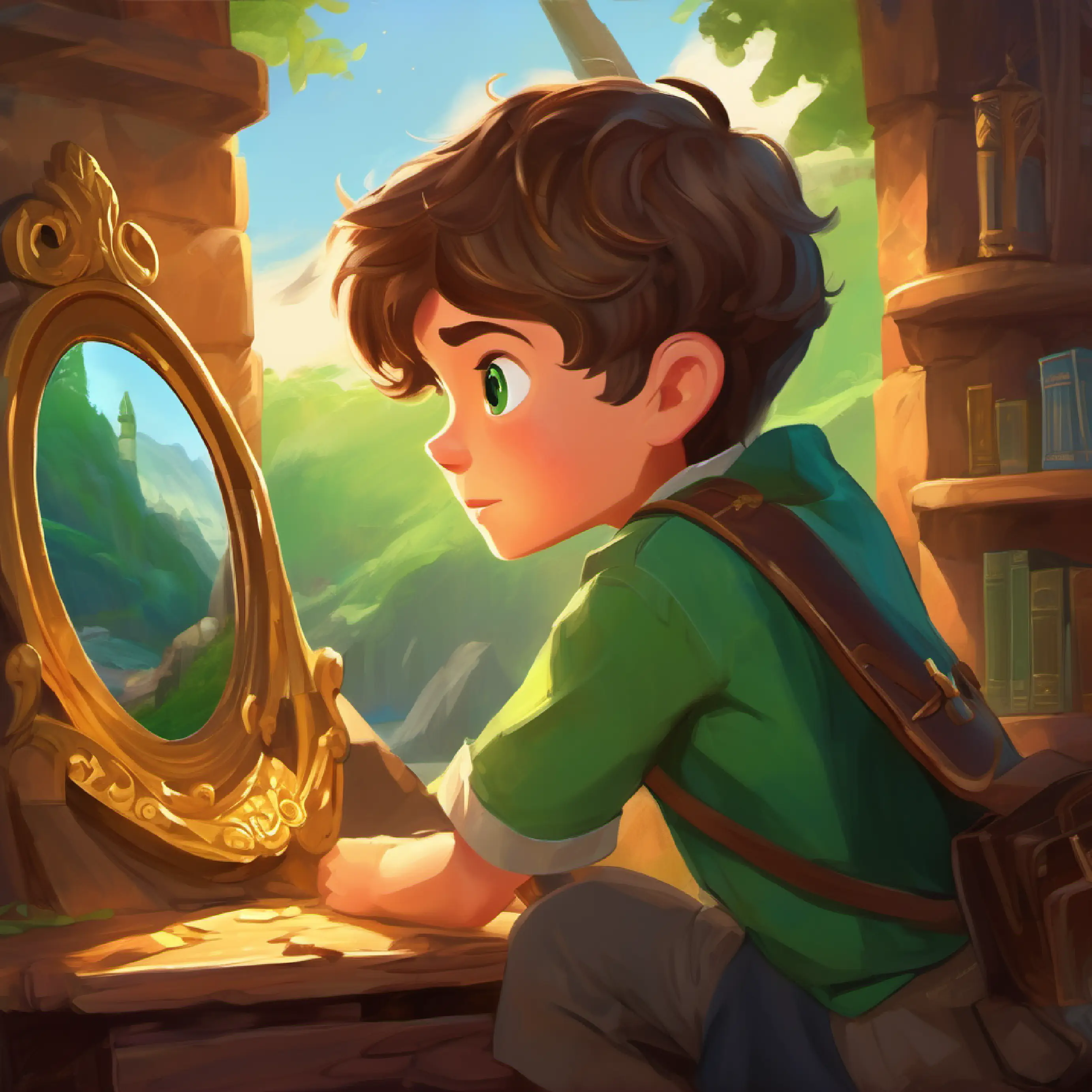 Treasure found revealing a mirror, Curious boy, short brown hair, green eyes, adventurous spirit recognized as brave