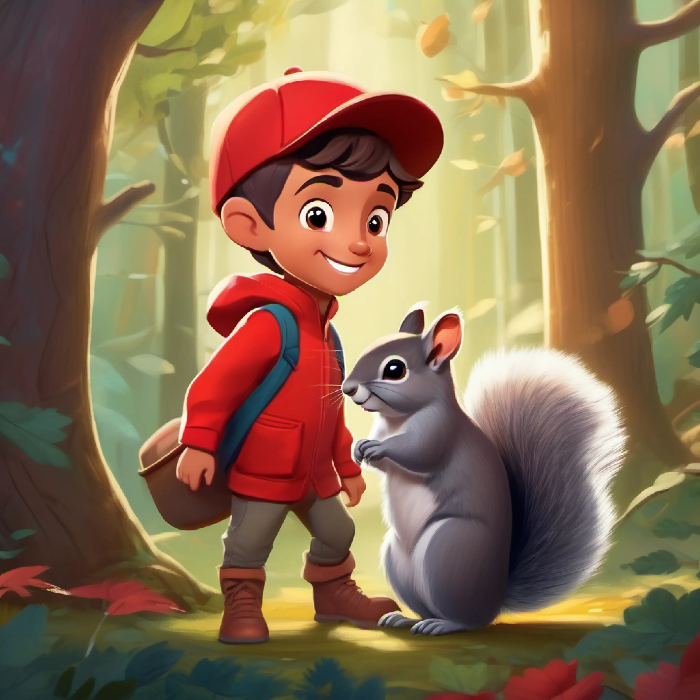 Brave boy with kind eyes and a ready smile, wears a red cap enters an enchanted forest, meets Cheeky grey squirrel with bright, curious eyes and a fluffy tail the squirrel.