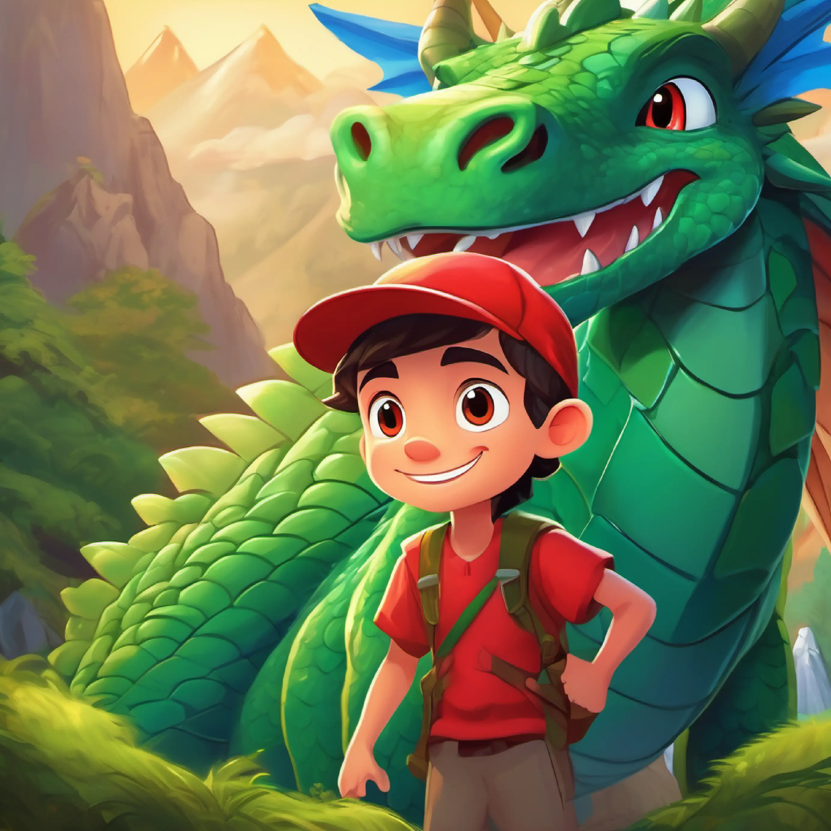 Brave boy with kind eyes and a ready smile, wears a red cap makes friends with Large, polite dragon with grumpy face, scales of green and blue the dragon at the mysterious mountain.