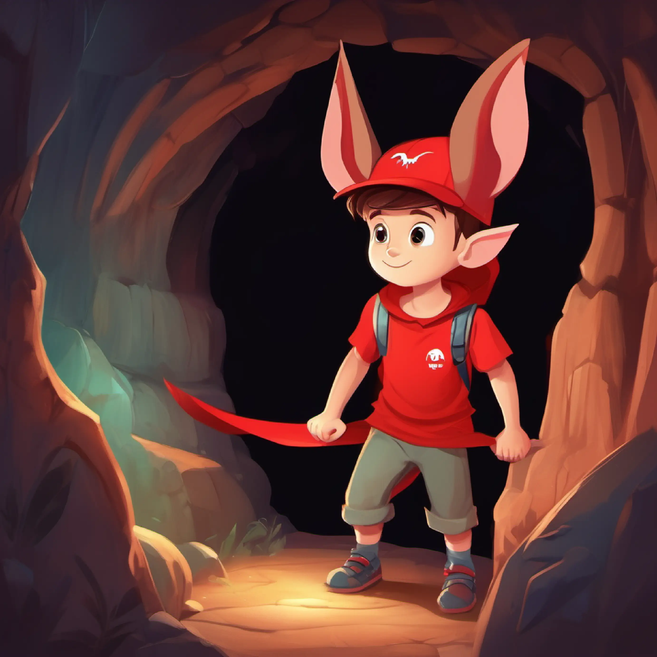 Brave boy with kind eyes and a ready smile, wears a red cap helps Small, shy bat with big ears, scared of the dark in bat caves the bat in Whispering Caves.